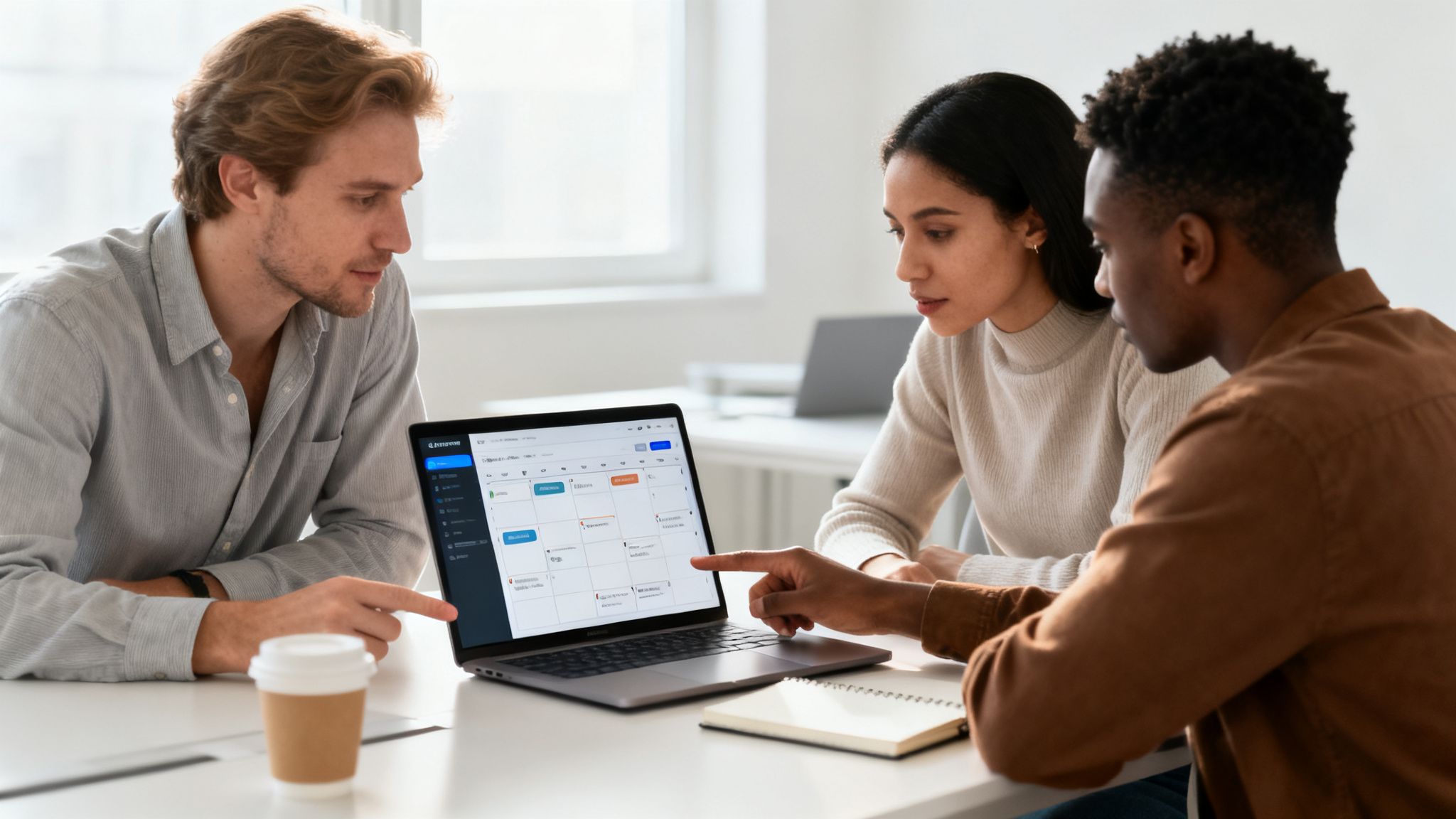 Drei Kollegen besprechen im Büro einen Projektplan auf einem Laptop, der eine Kalenderansicht zeigt.