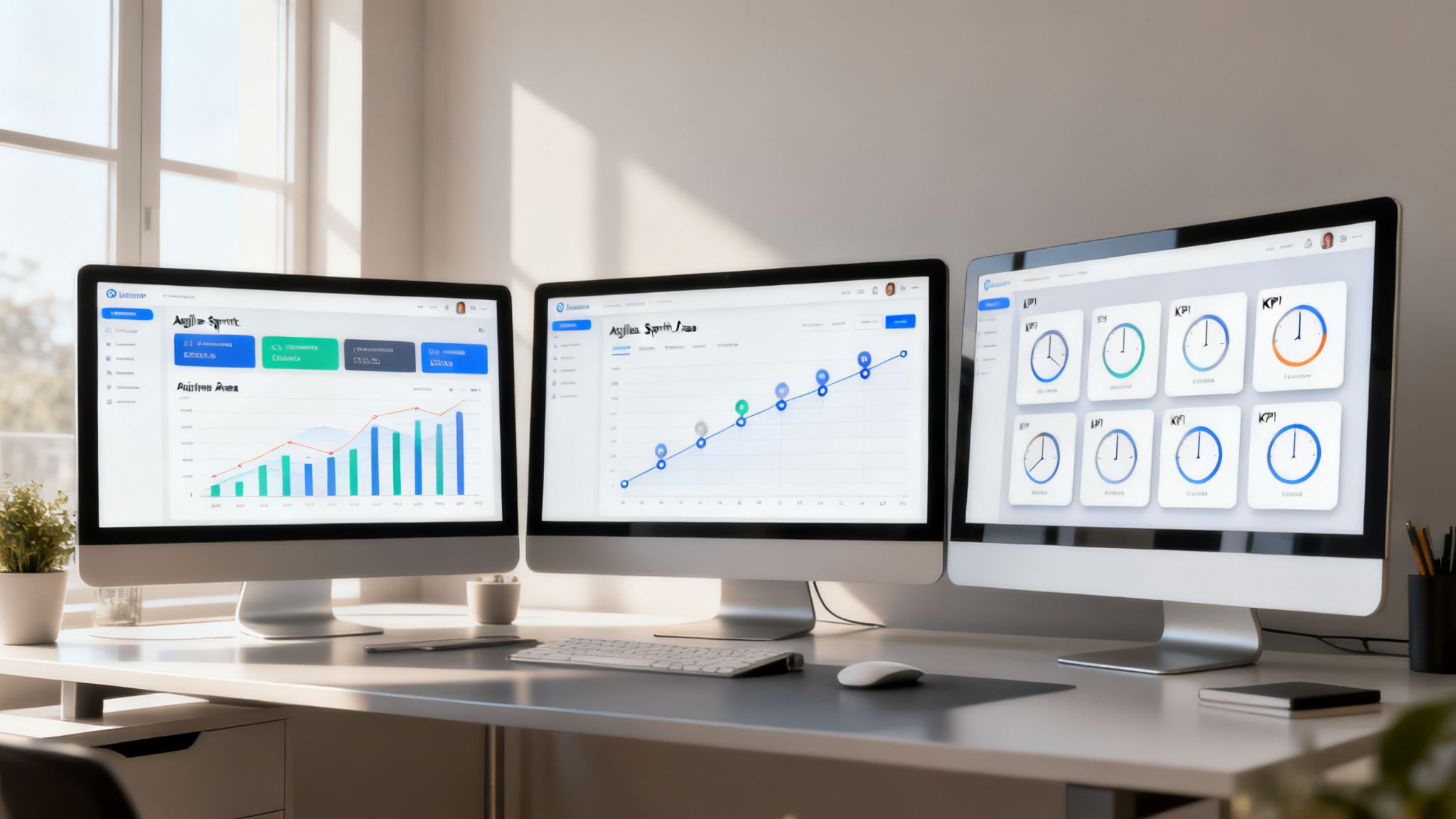 Drei Monitore auf einem Schreibtisch zeigen verschiedene Dashboards mit Diagrammen und KPIs.