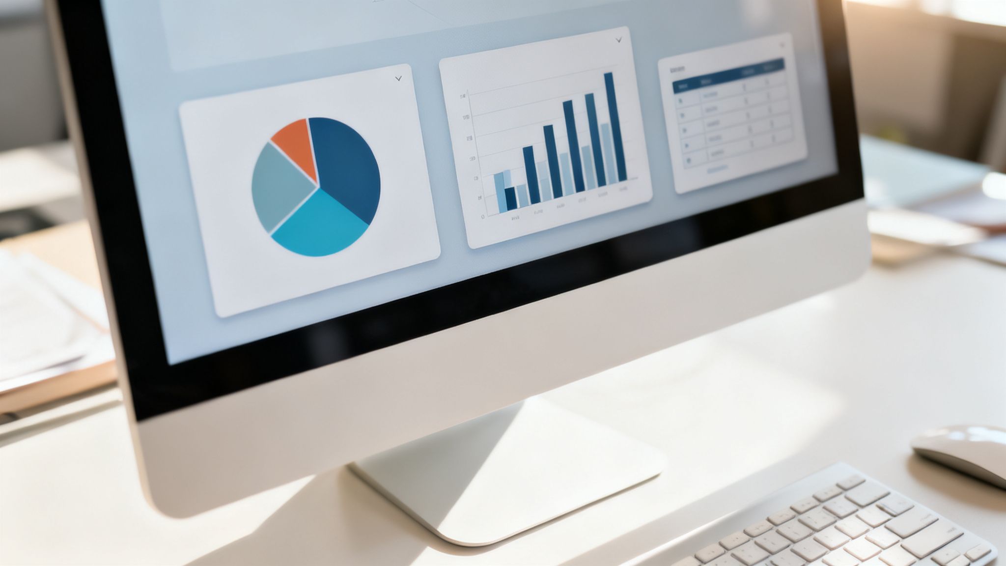 Nahaufnahme eines Computermonitors mit einem Dashboard, das verschiedene Diagramme und Datenvisualisierungen anzeigt.