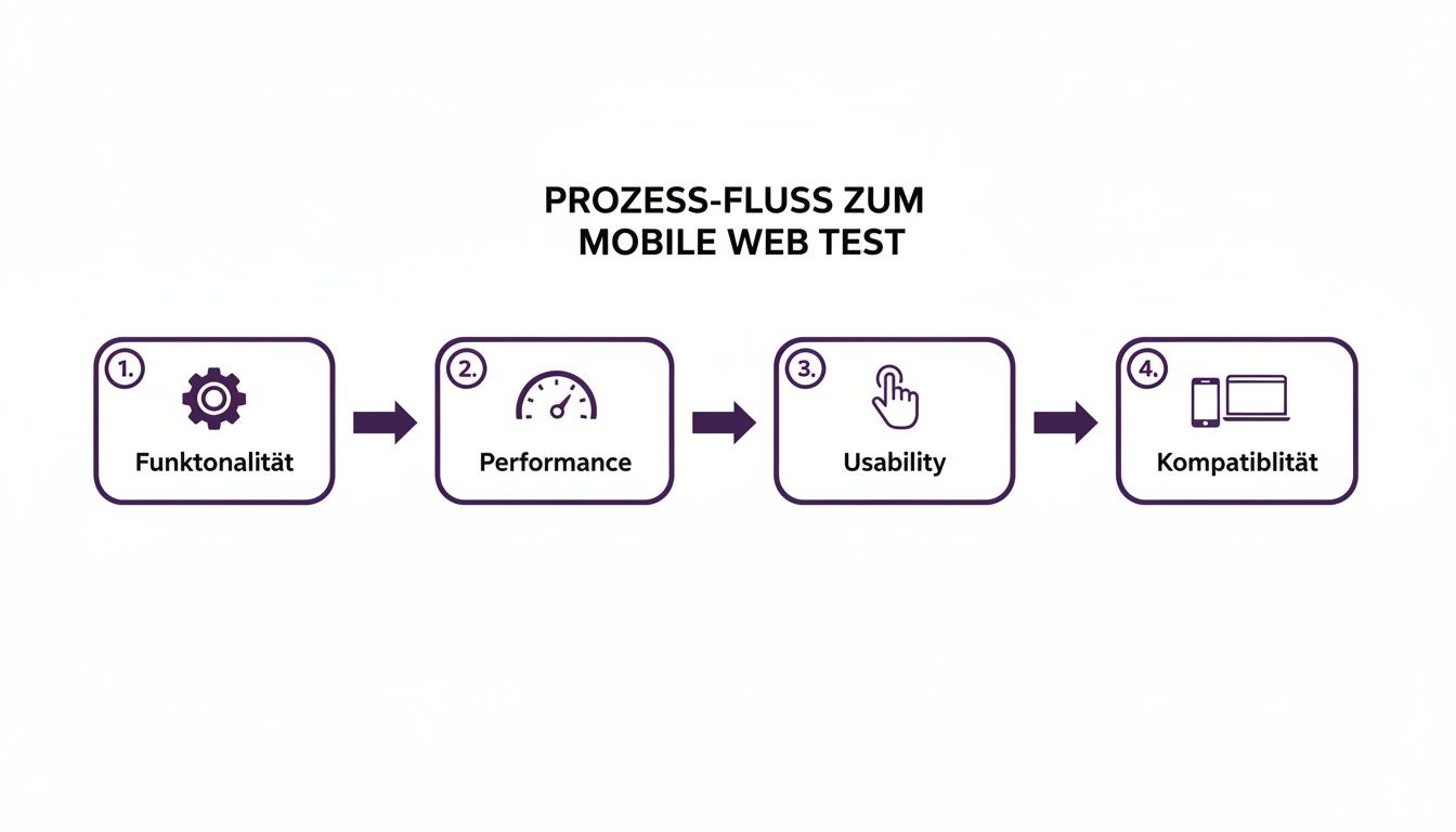 Ablaufdiagramm für den mobilen Webtest, das die Schritte Funktionalität, Performance, Usability und Kompatibilität darstellt.