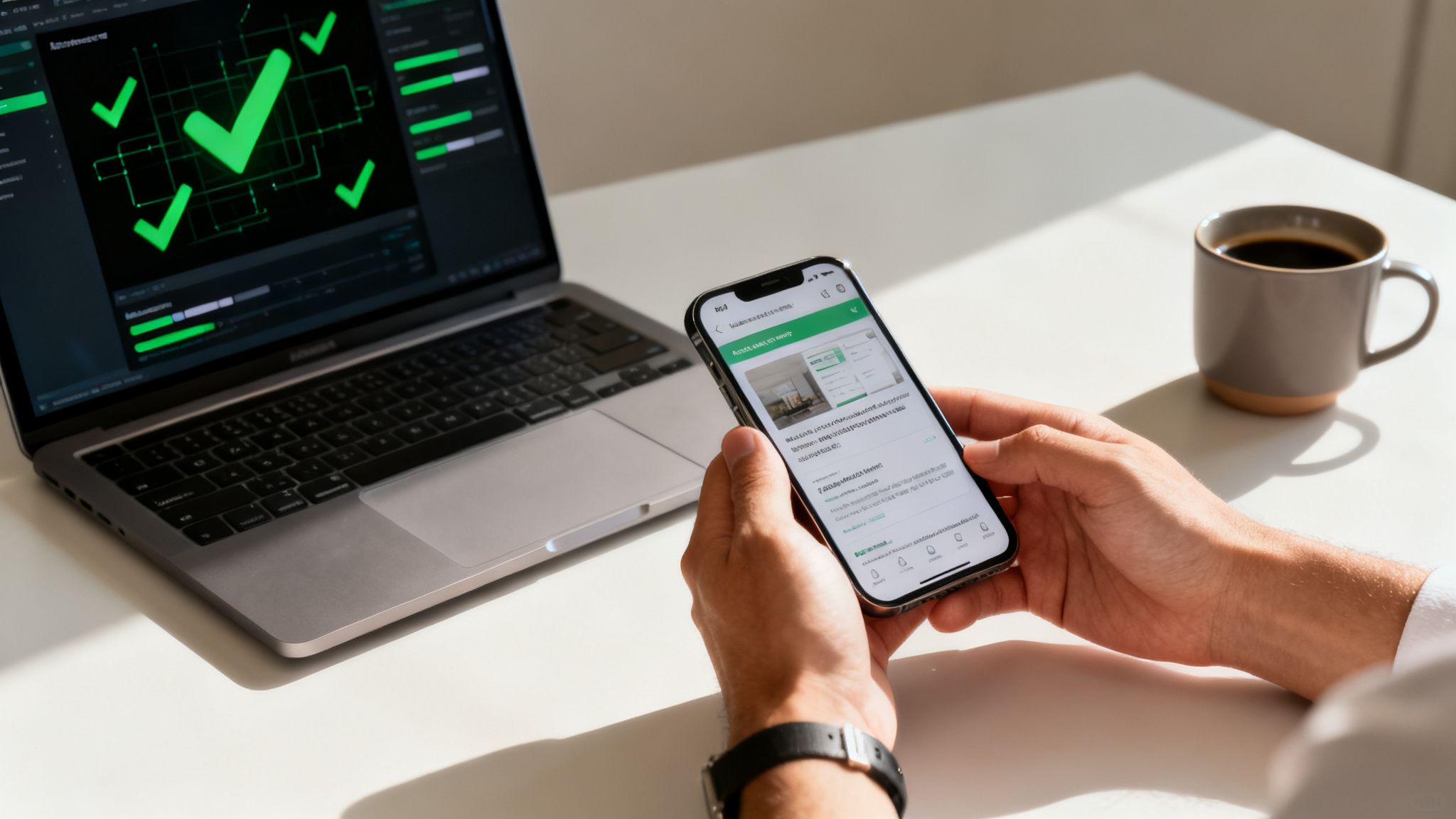 Eine Person hält ein Smartphone mit einer Website-Anzeige, daneben ein Laptop mit grünen Häkchen und eine Kaffeetasse auf einem Schreibtisch.