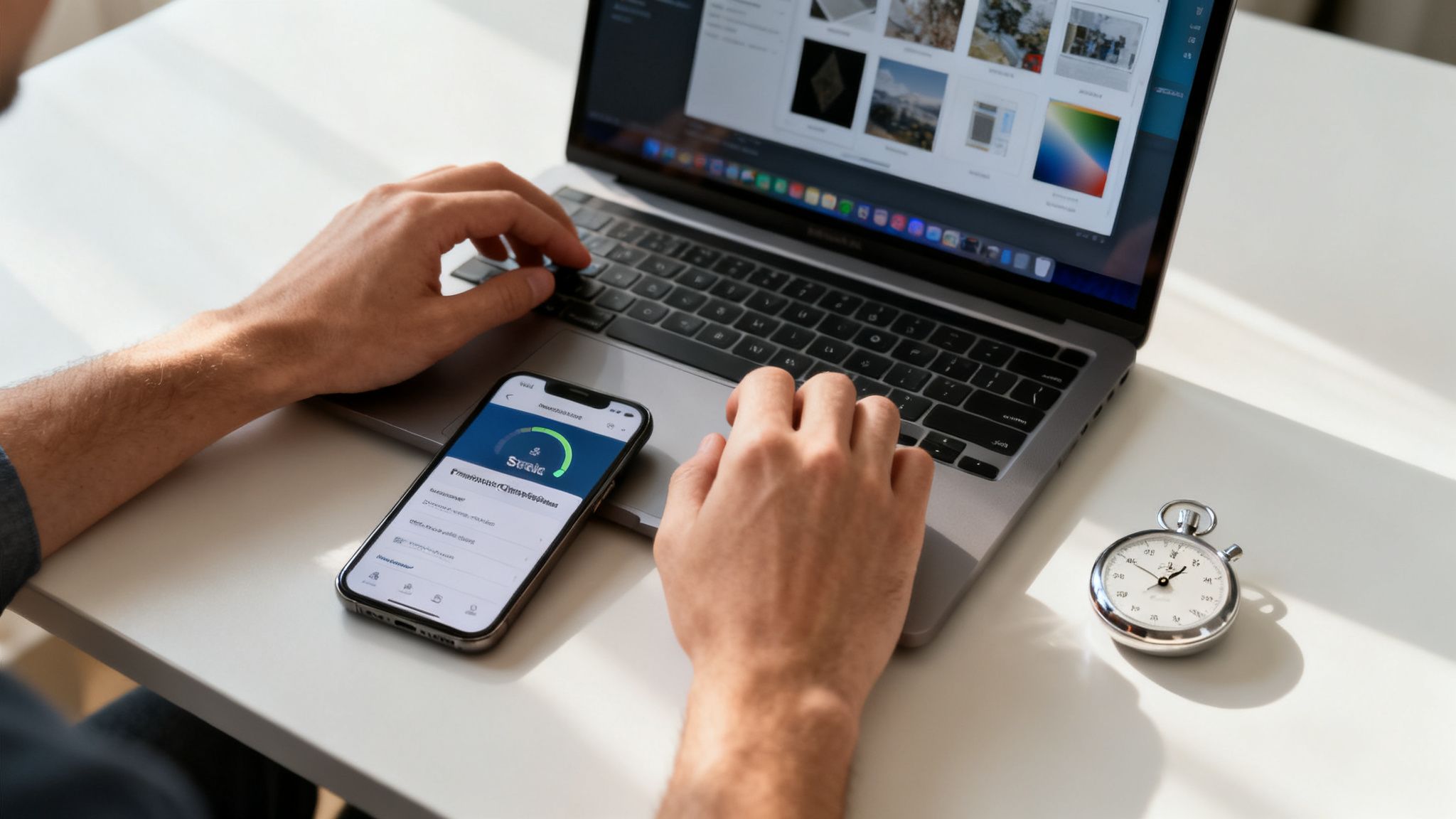 Eine Person tippt an einem Laptop, daneben liegen ein Smartphone mit App und eine Stoppuhr auf dem Schreibtisch.