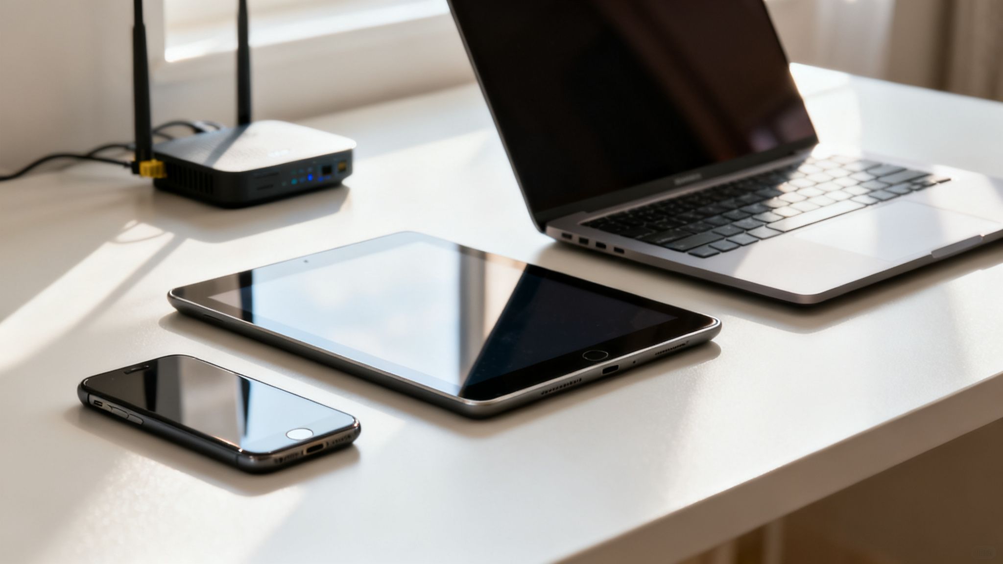 Ein Laptop, ein Tablet, ein Smartphone und ein Router liegen auf einem weißen Schreibtisch im Sonnenlicht.