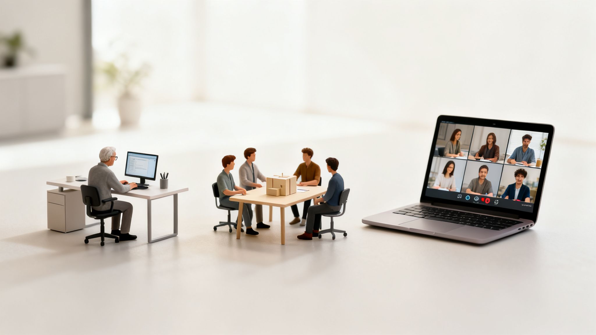 Miniaturfiguren stellen hybride Arbeitsumgebungen dar, darunter Einzelarbeit, Teammeetings und Videokonferenzen auf einem Laptop.