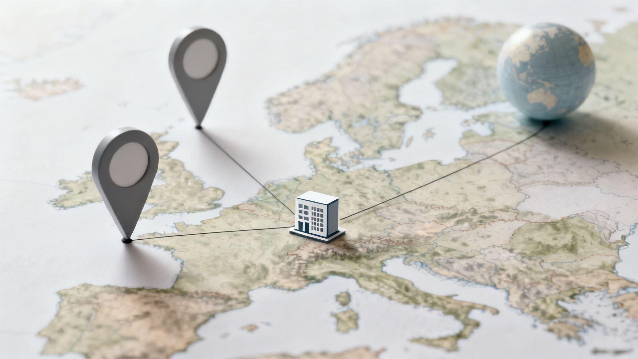 Landkarte von Europa mit Bürogebäude, zwei Standortnadeln und einem Globus, die durch Linien verbunden sind.