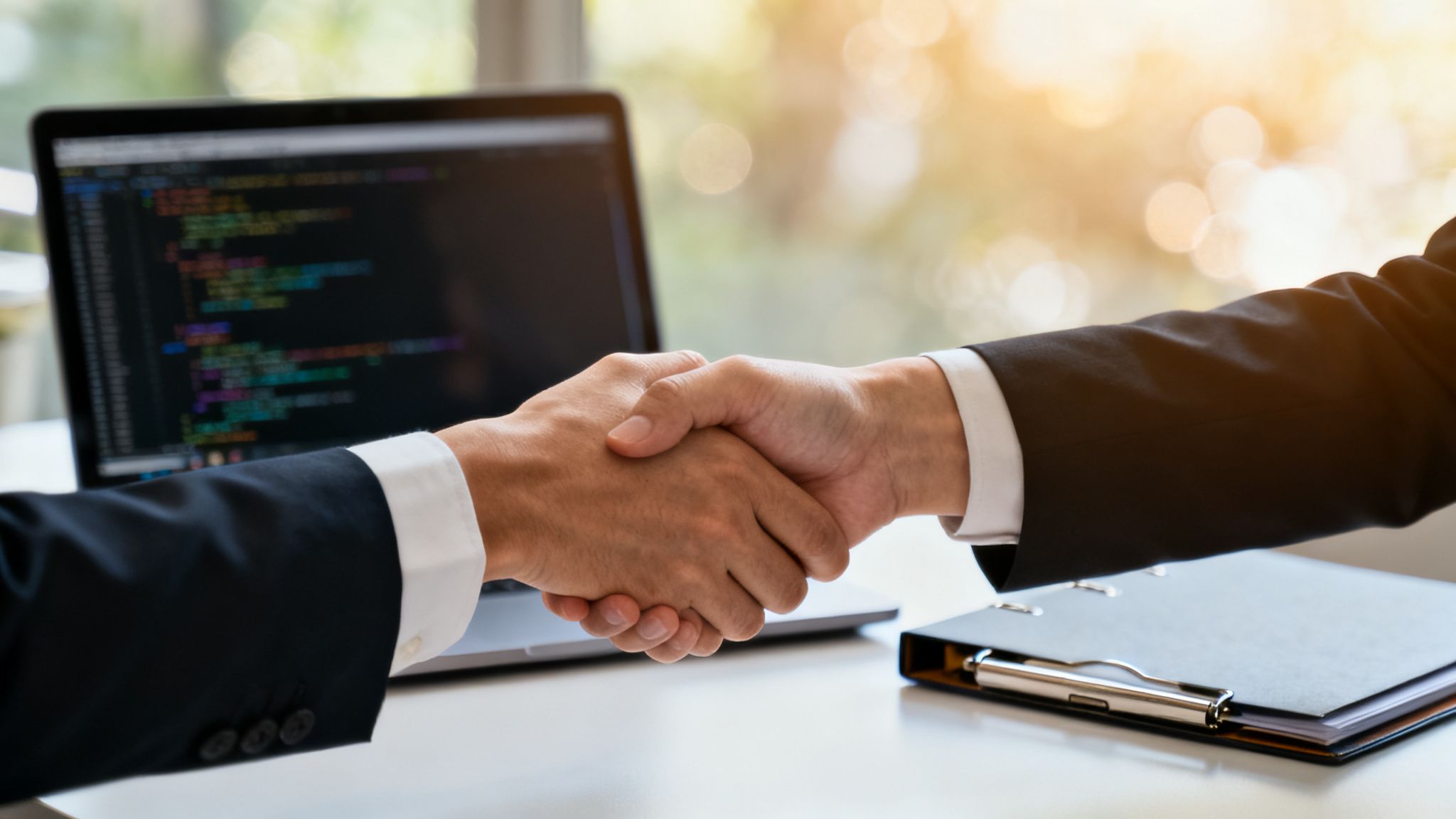 Zwei Geschäftsleute schütteln sich die Hände über einem Schreibtisch mit Laptop und Dokumenten.