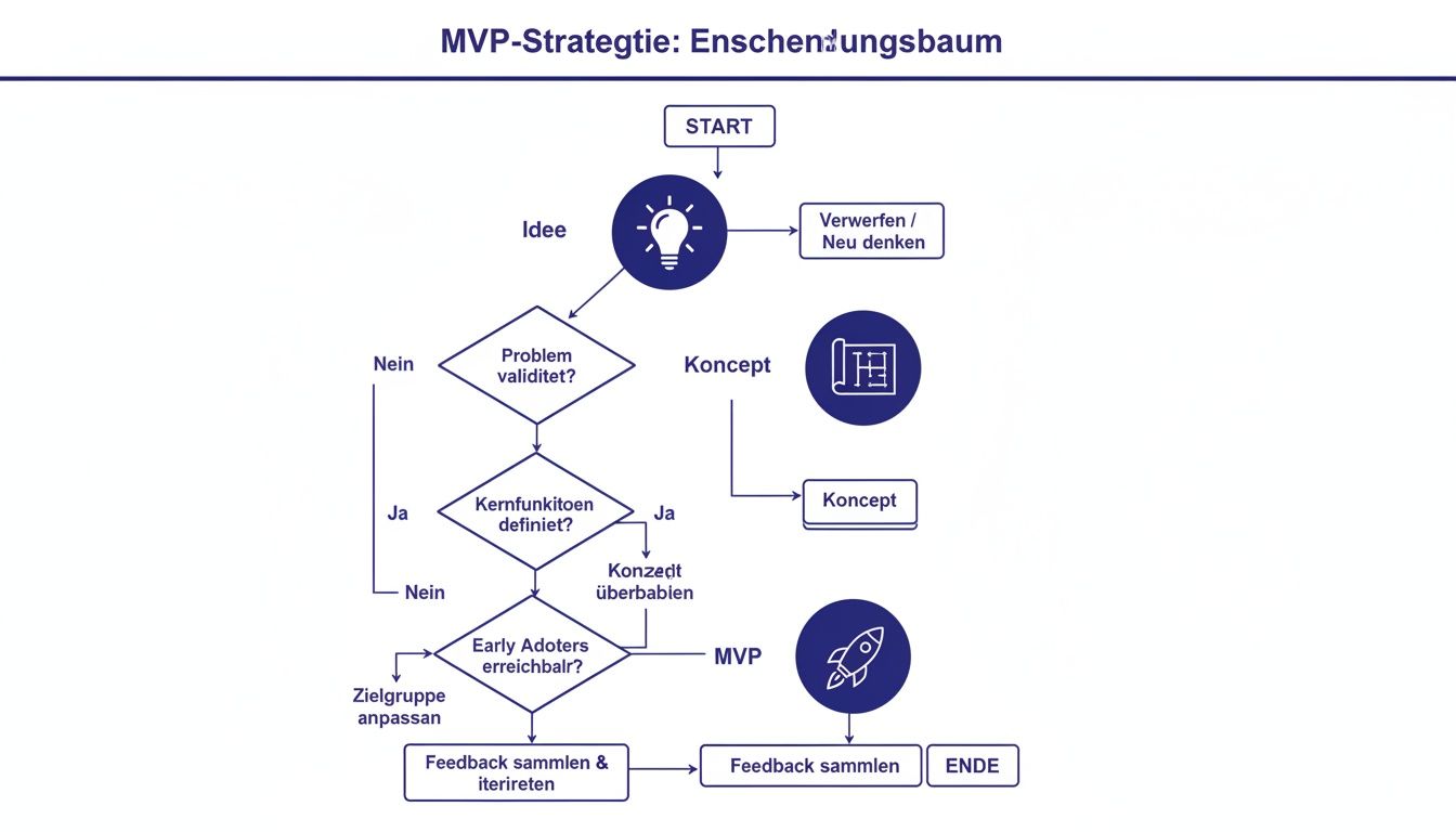 Flussdiagramm der MVP-Strategie, das den Prozess von der Idee bis zum Feedback und zur Iteration zeigt.