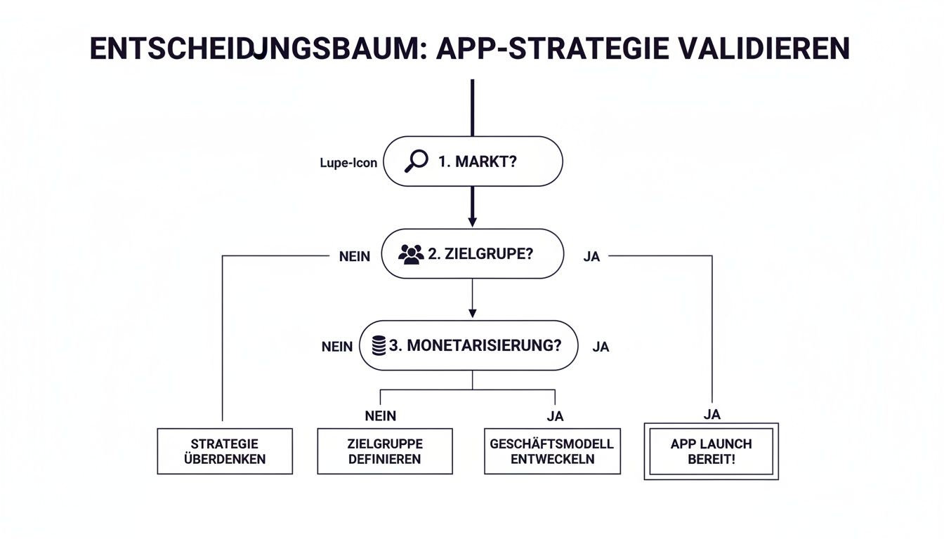 Flussdiagramm eines Entscheidungsbaums zur Validierung einer App-Strategie mit Schritten für Markt, Zielgruppe und Monetarisierung.