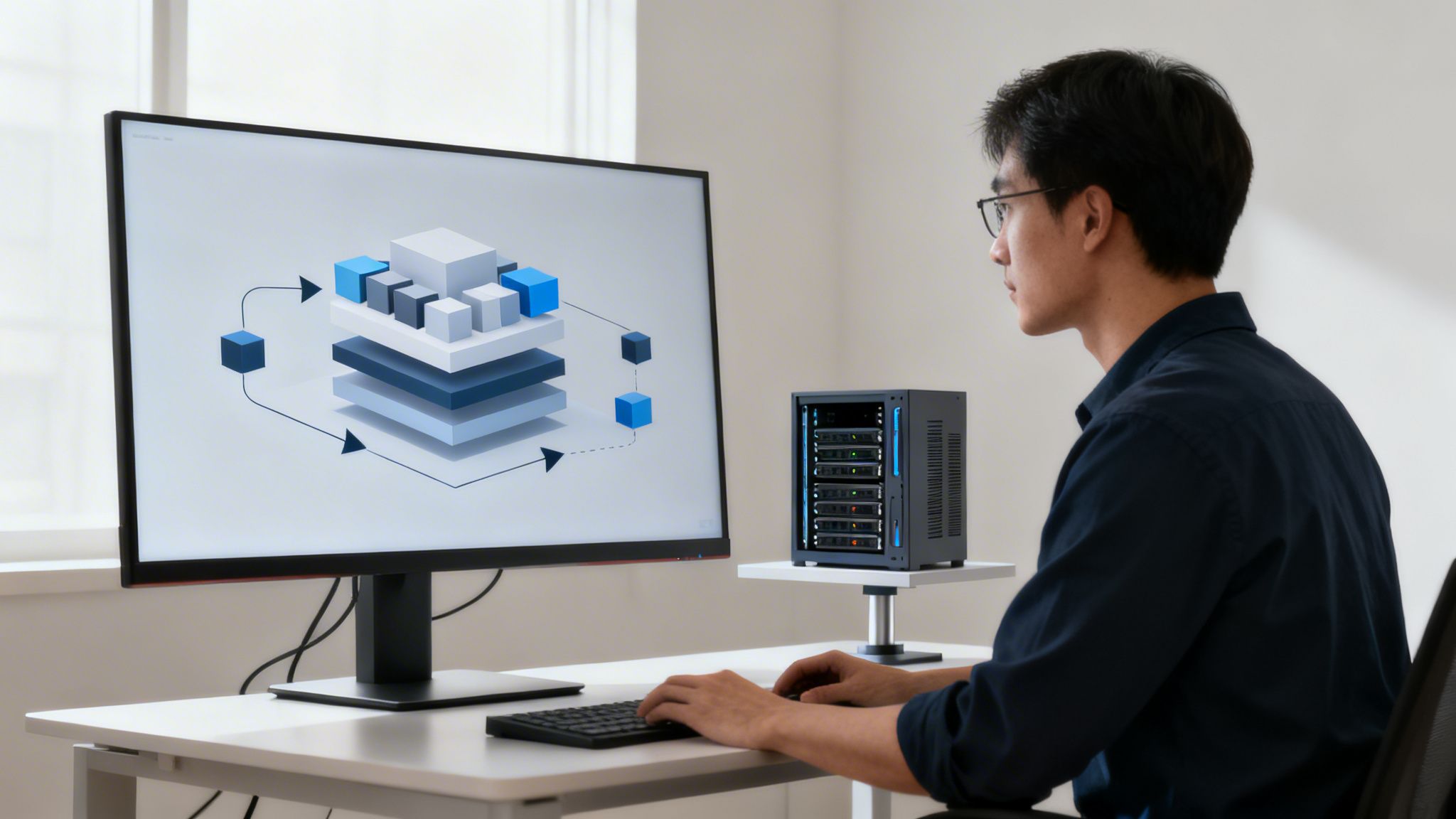 Ein Mann sitzt an einem Schreibtisch, betrachtet einen Computermonitor mit einem Datendiagramm und einem Serversystem.