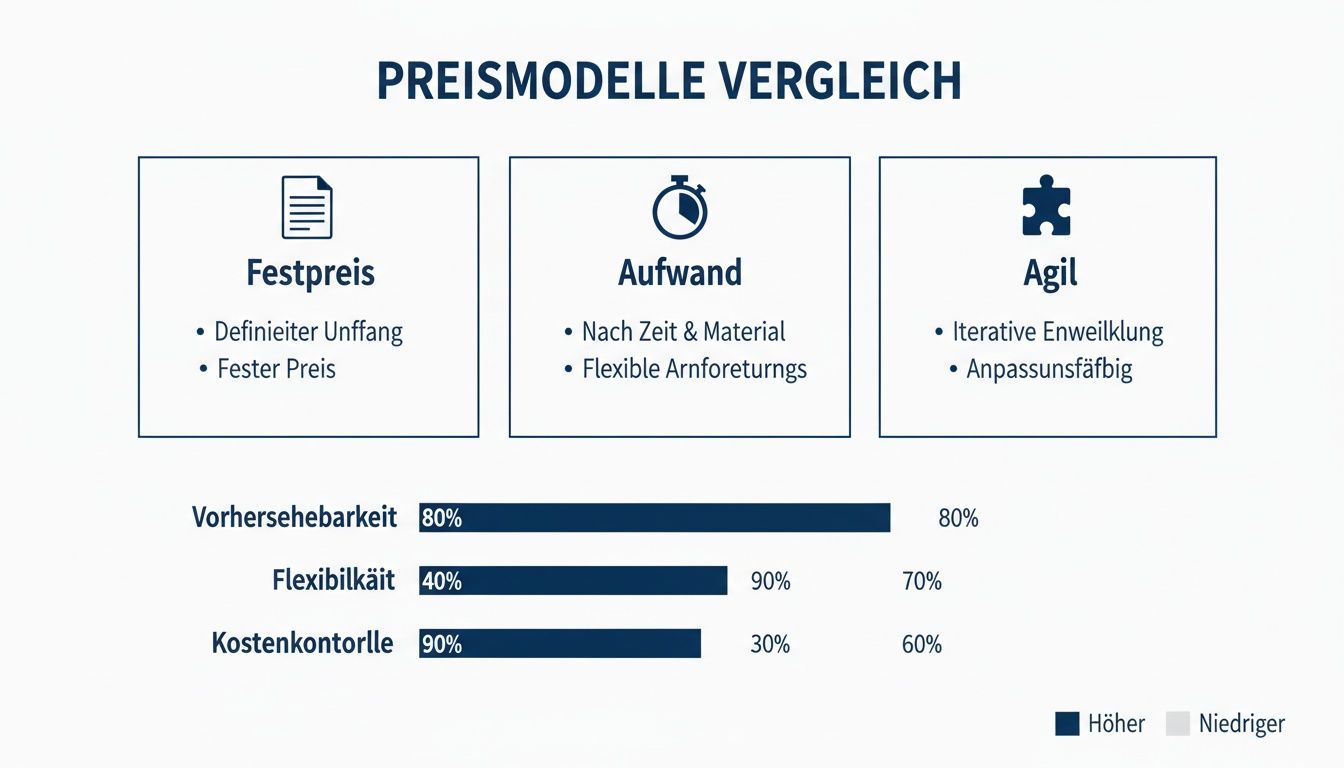 Grafik zum Vergleich von drei Preismodellen (Festpreis, Aufwand, Agil) mit ihren Merkmalen und Leistungsindikatoren.