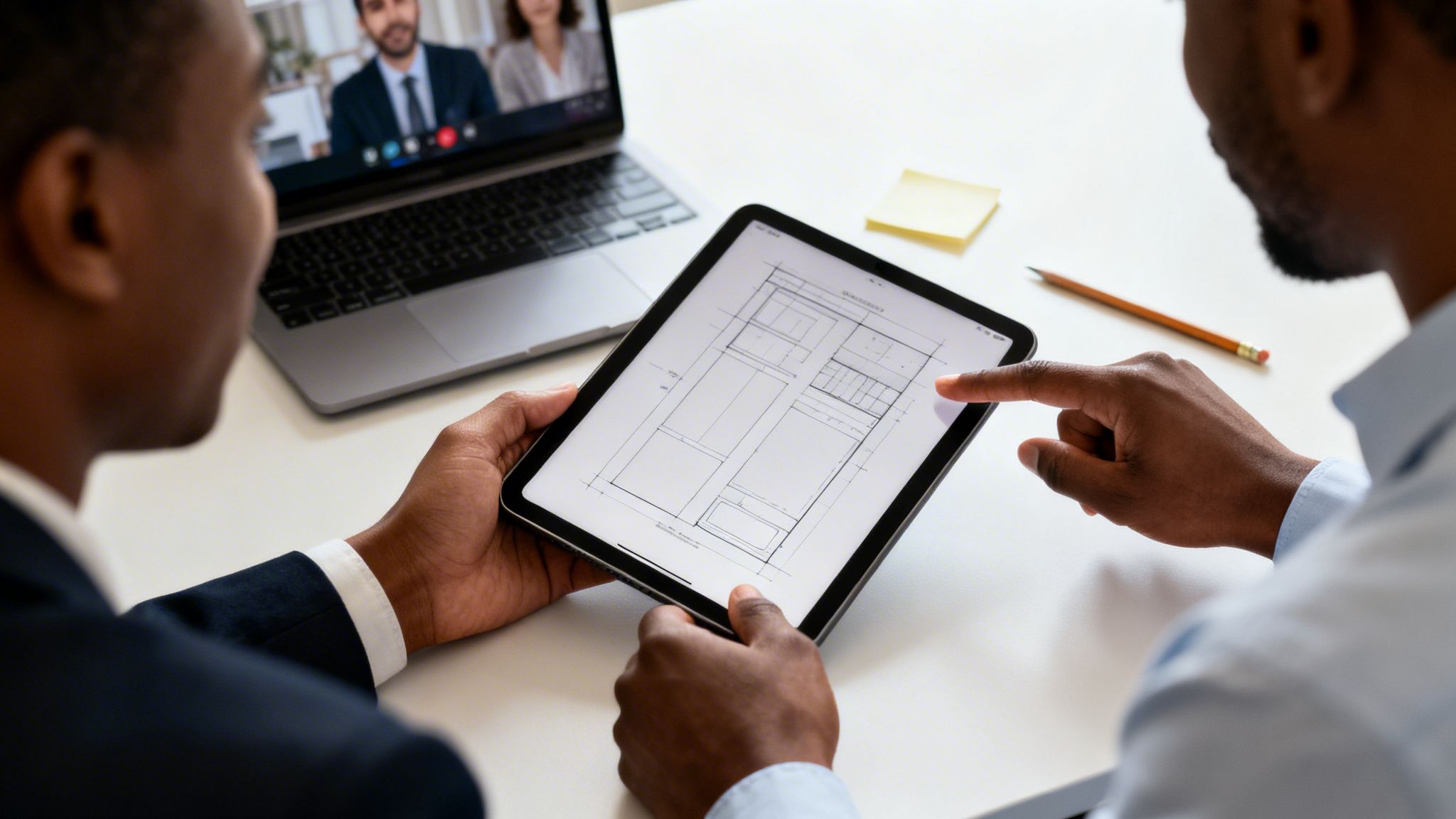 Zwei Männer betrachten einen Bauplan auf einem Tablet während eines Videoanrufs am Laptop.