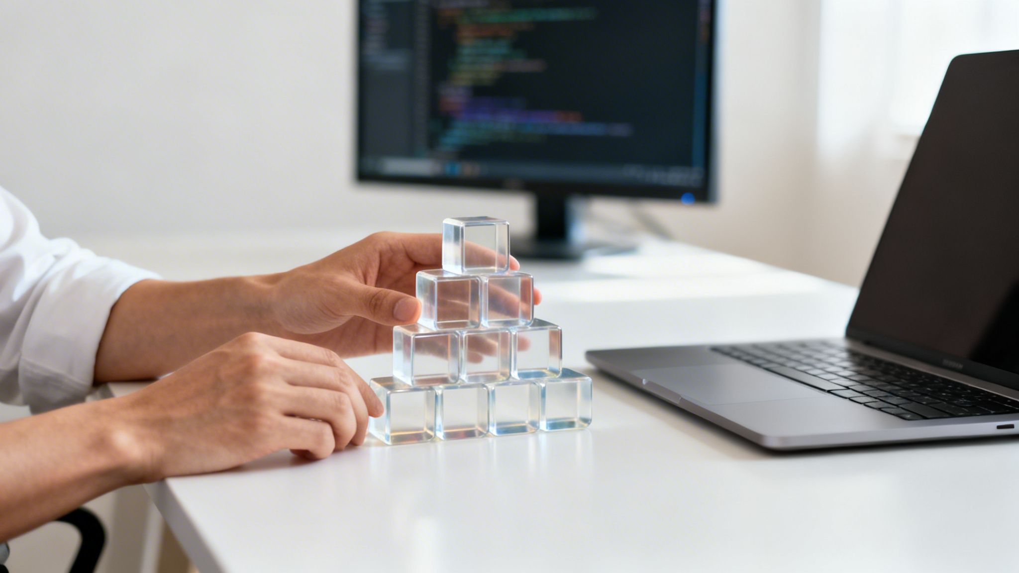 Person baut eine Pyramide aus transparenten Würfeln auf einem Schreibtisch mit Laptop und Code auf dem Monitor.