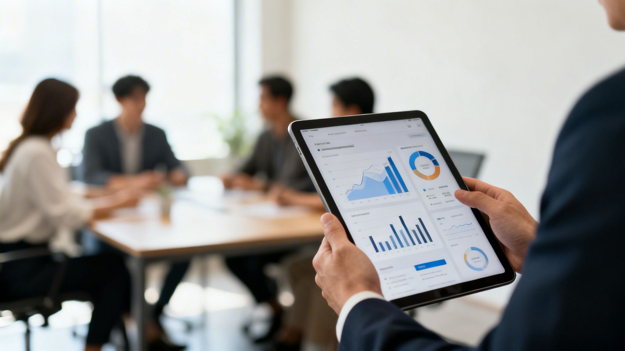 Eine Person hält ein Tablet mit Geschäftsdaten und Diagrammen, während im unscharfen Hintergrund ein Meeting stattfindet.