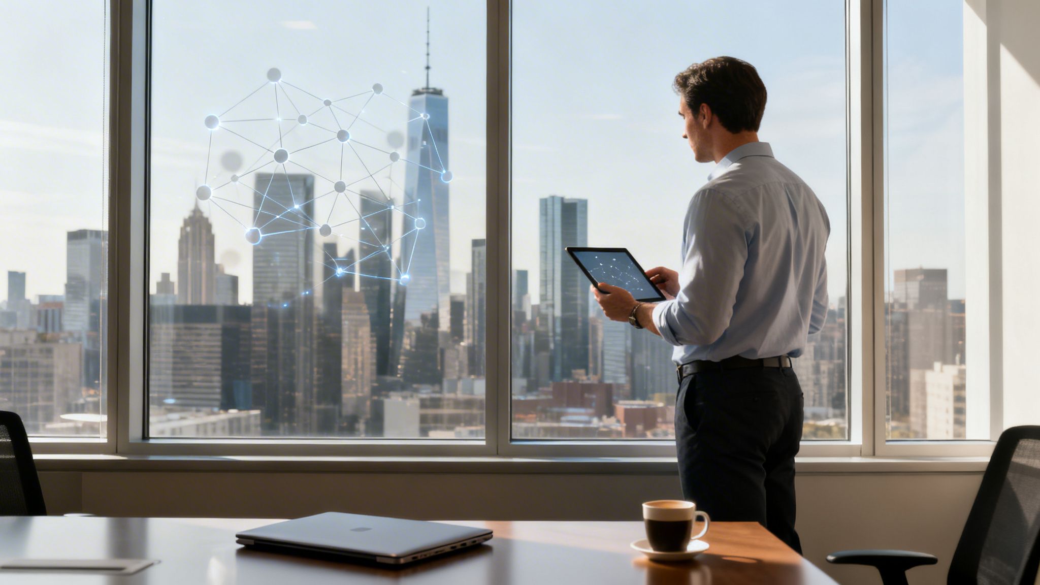 Mann im Büro blickt aus Fenster auf Stadtbild, hält Tablet mit Netzwerk-Grafik. Technologie, Business, Skyline.