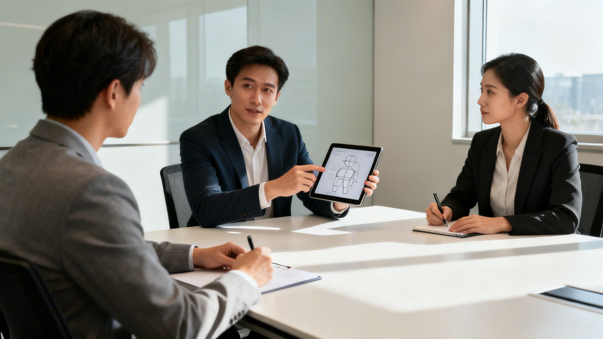 Geschäftsleute in einem Meeting, ein Mann präsentiert auf einem Tablet ein Diagramm, Kollegen hören zu.