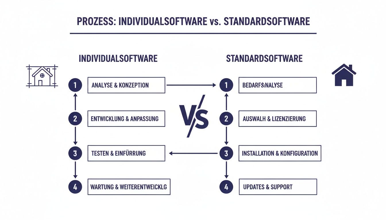 Prozessvergleich zwischen Individualsoftware und Standardsoftware, jeweils mit vier Entwicklungsschritten dargestellt.