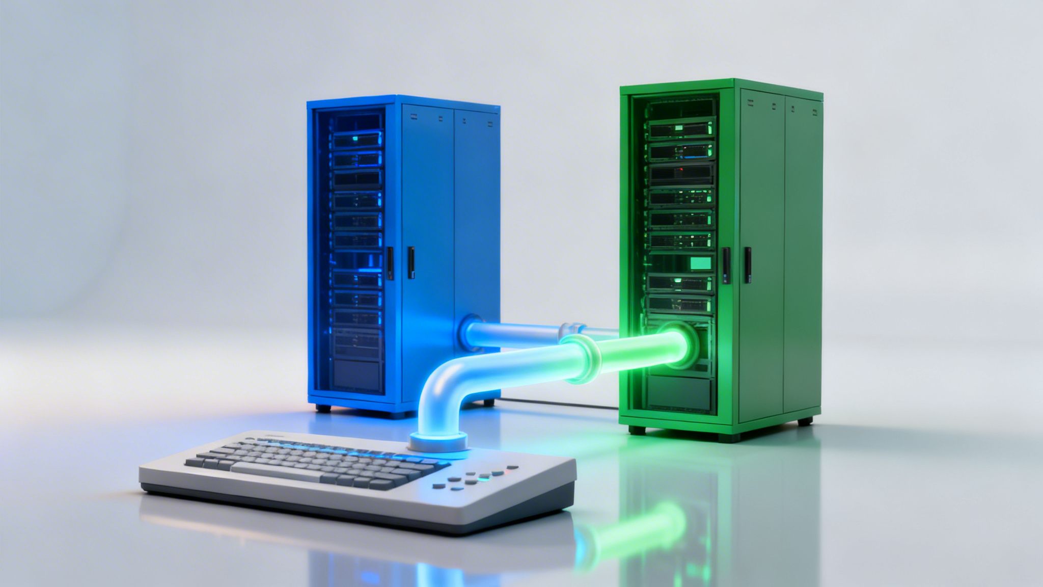 Zwei Server-Racks, blau und grün, sind über leuchtende Röhren mit einer Tastatur verbunden, was Datenübertragung symbolisiert.