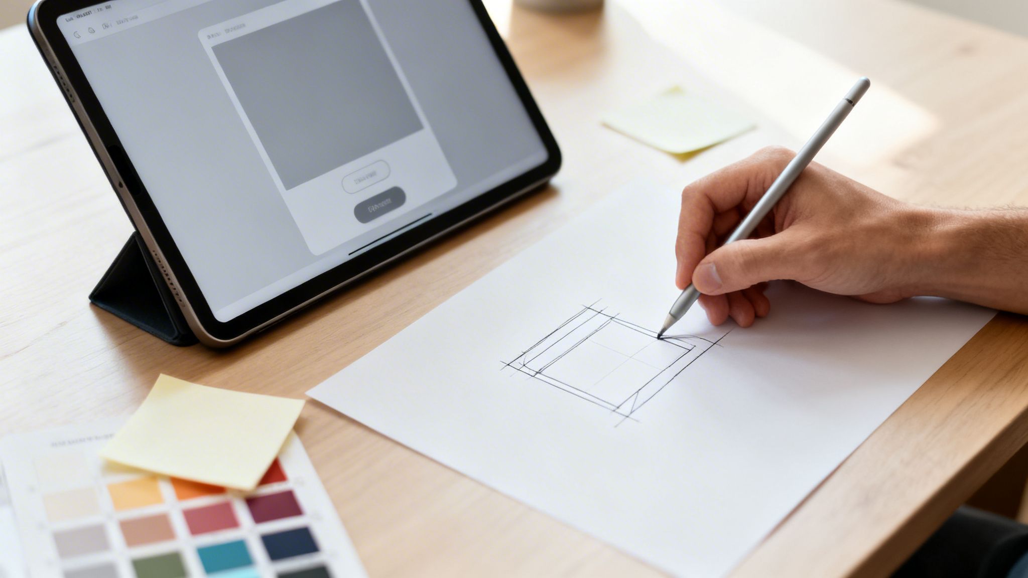 Ein Designer skizziert ein Produkt-Layout auf Papier, während ein Tablet einen digitalen Entwurf anzeigt, umgeben von Farbmuster.