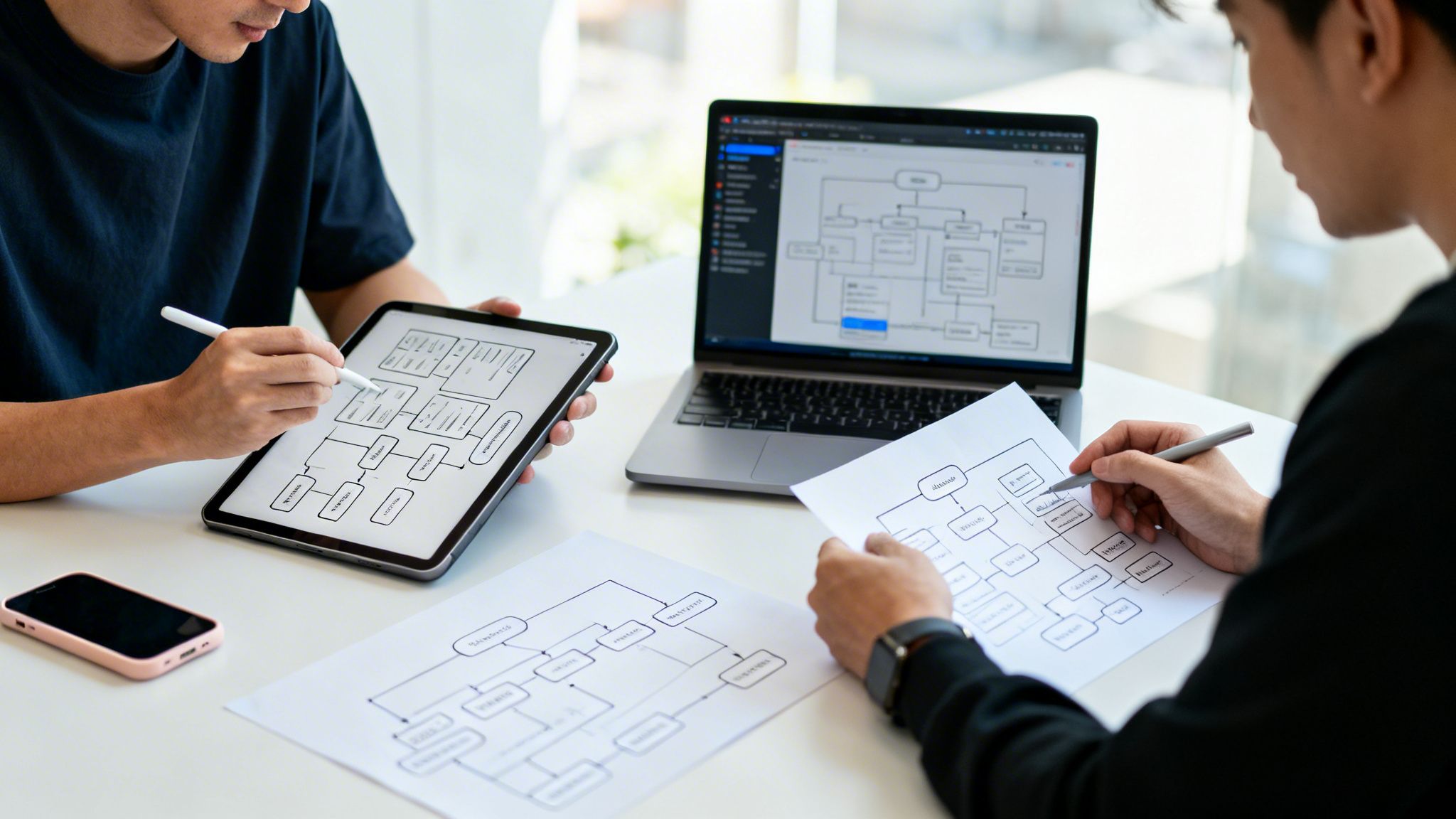 Zwei Entwickler entwerfen Flussdiagramme auf Tablet, Laptop und Papier während der Zusammenarbeit.