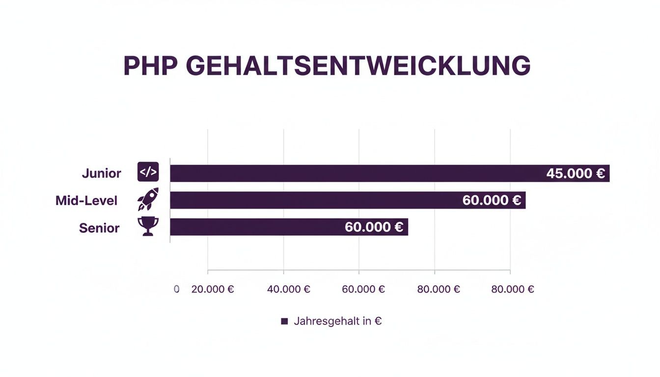 Balkendiagramm zur Gehaltsentwicklung von PHP-Entwicklern in Junior-, Mid-Level- und Senior-Positionen.