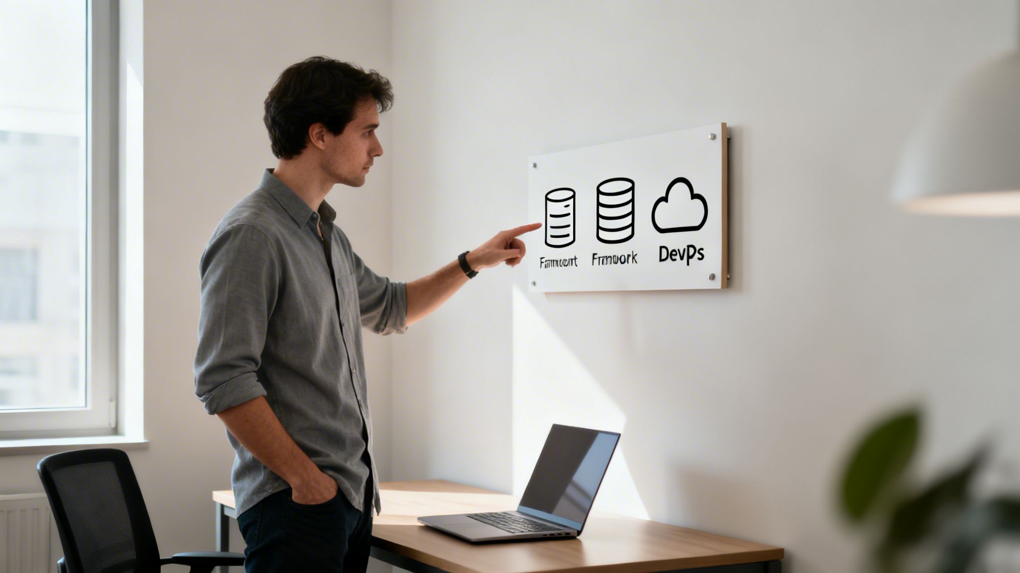 Ein Mann im Hemd zeigt in einem modernen Büro auf ein Whiteboard mit DevOps- und Datenbank-Symbolen.