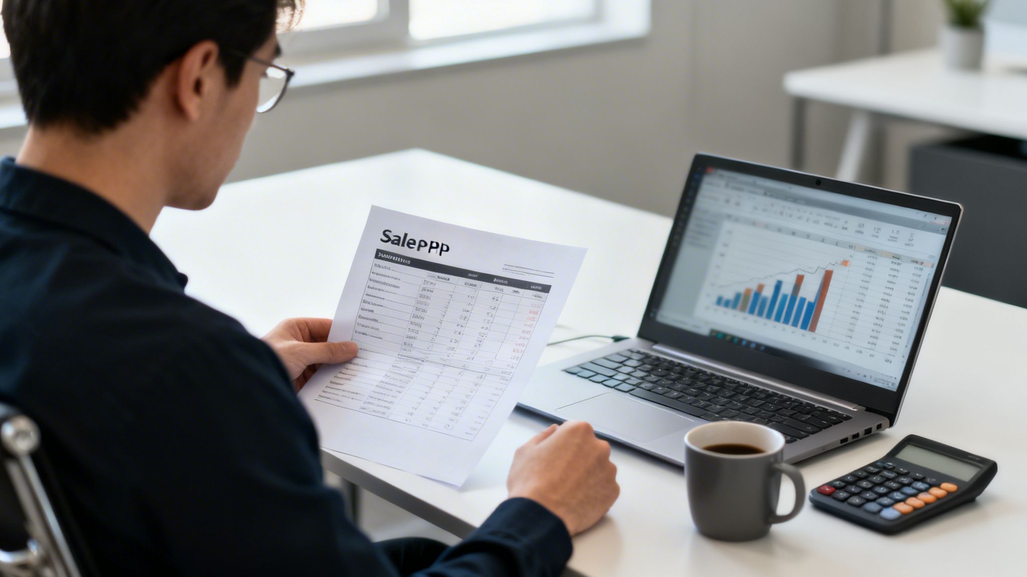 Ein Mann überprüft Verkaufsdaten auf einem Blatt Papier und vergleicht sie mit einer Grafik auf dem Laptop.