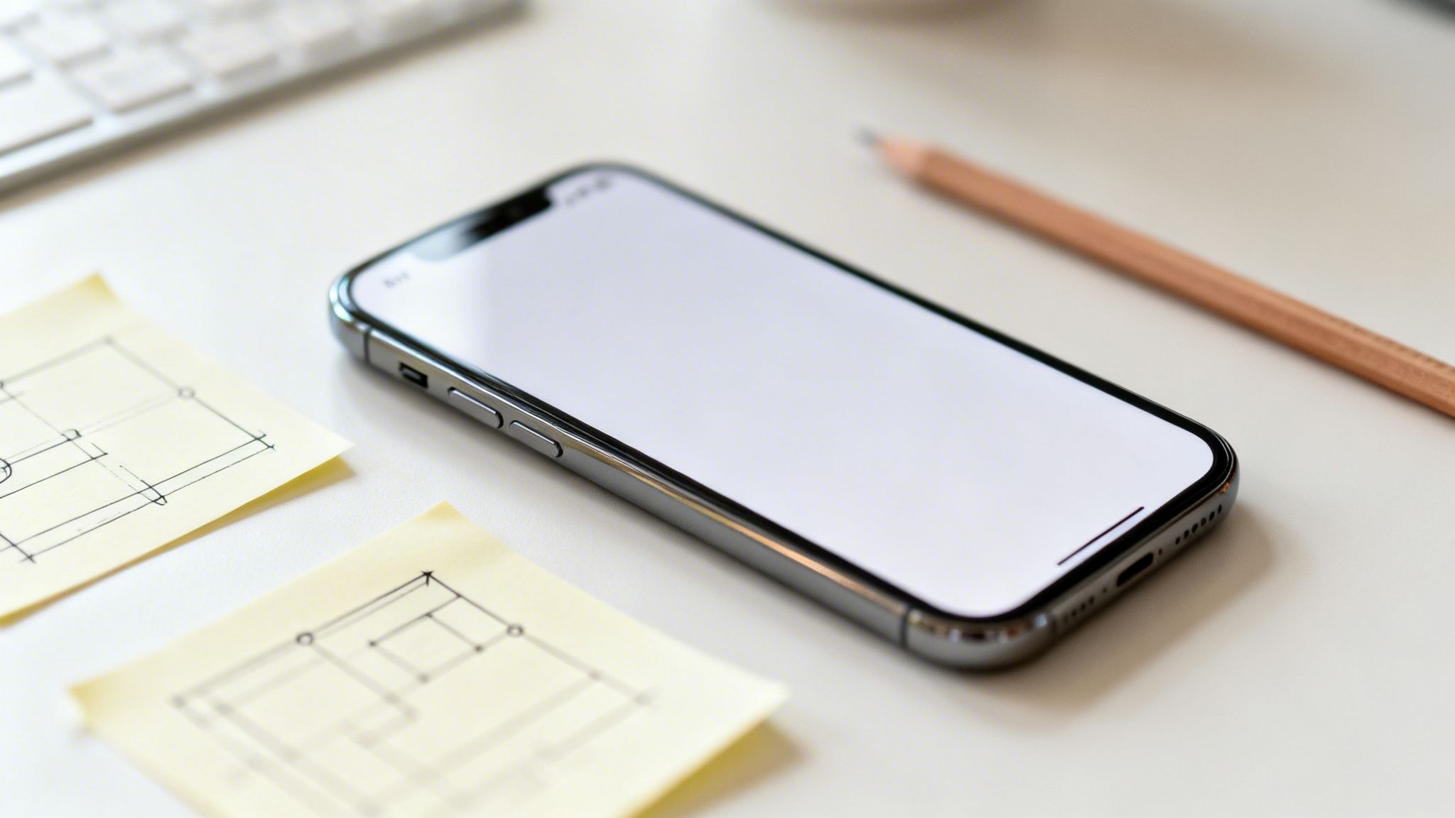 Ein iPhone mit leerem Bildschirm auf einem Schreibtisch, umgeben von Skizzen, einem Bleistift und einer Tastatur. Arbeitsbereich für App-Entwicklung.