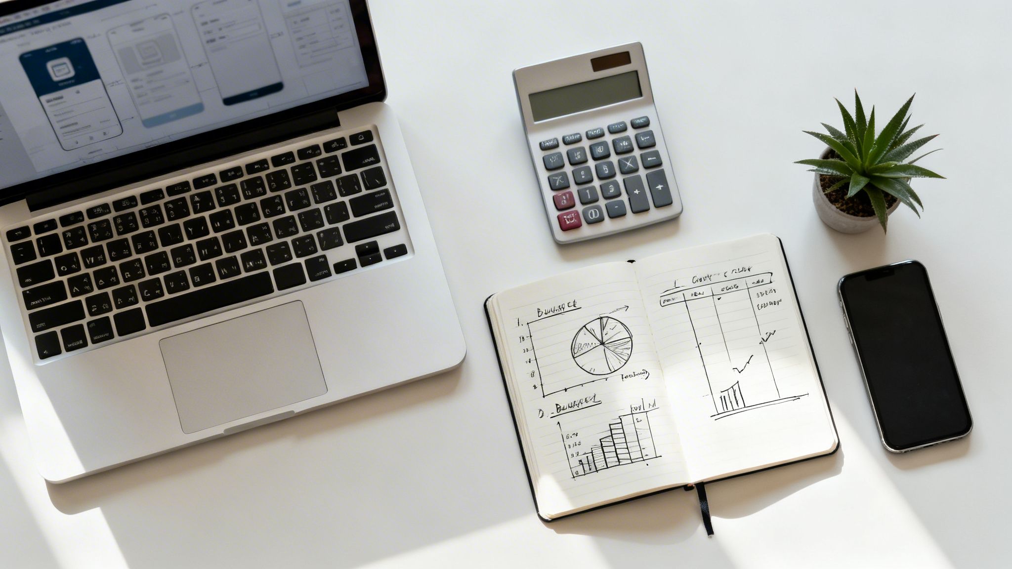 Büro-Arbeitsplatz mit Laptop, Rechner, Notizbuch mit Diagrammen, Smartphone und Pflanze auf weißem Tisch.