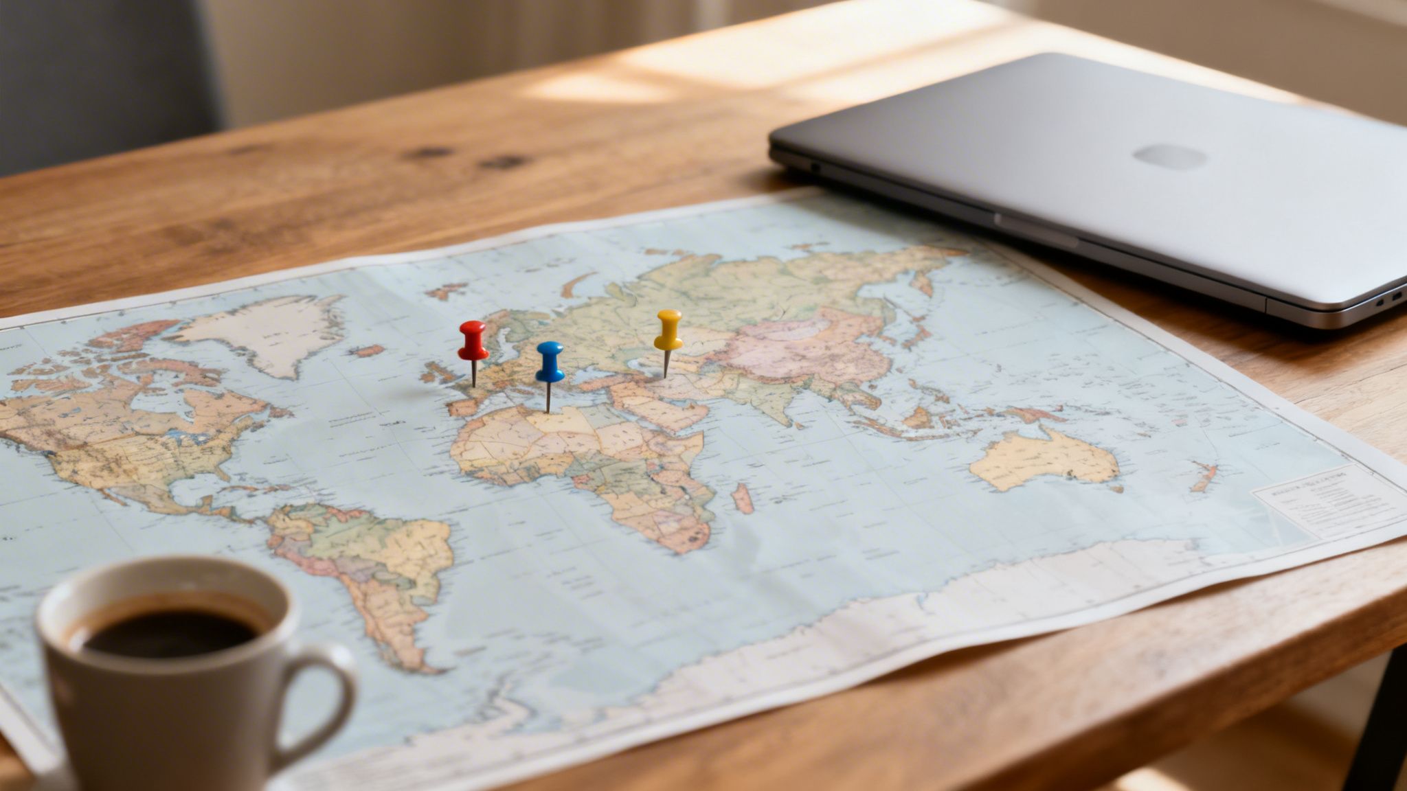 Eine Weltkarte mit drei bunten Stecknadeln, einem Laptop und einer Kaffeetasse auf einem rustikalen Holztisch, bereit für die Reiseplanung.