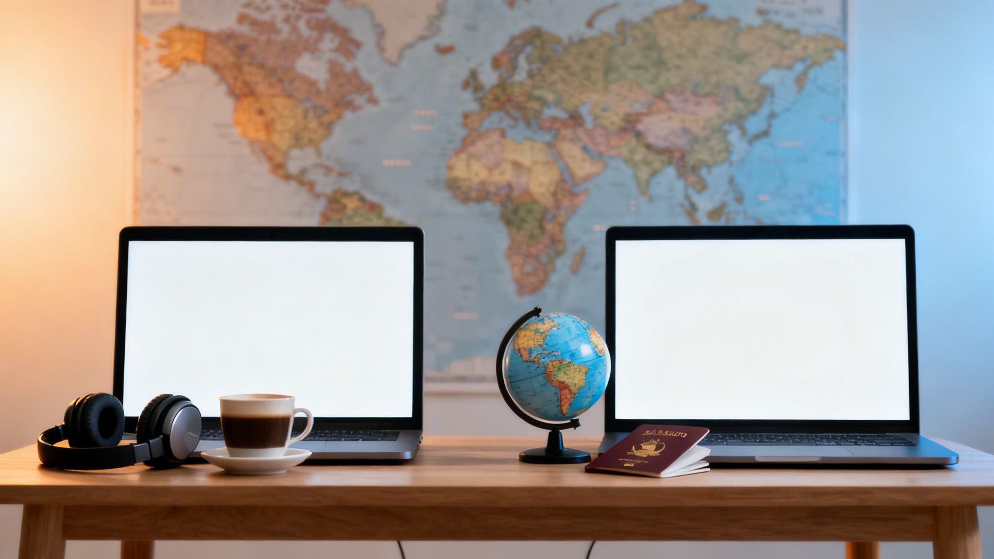 Schreibtisch mit zwei Laptops, Kopfhörern, Kaffee, Globus und Reisepass vor einer Weltkarte.