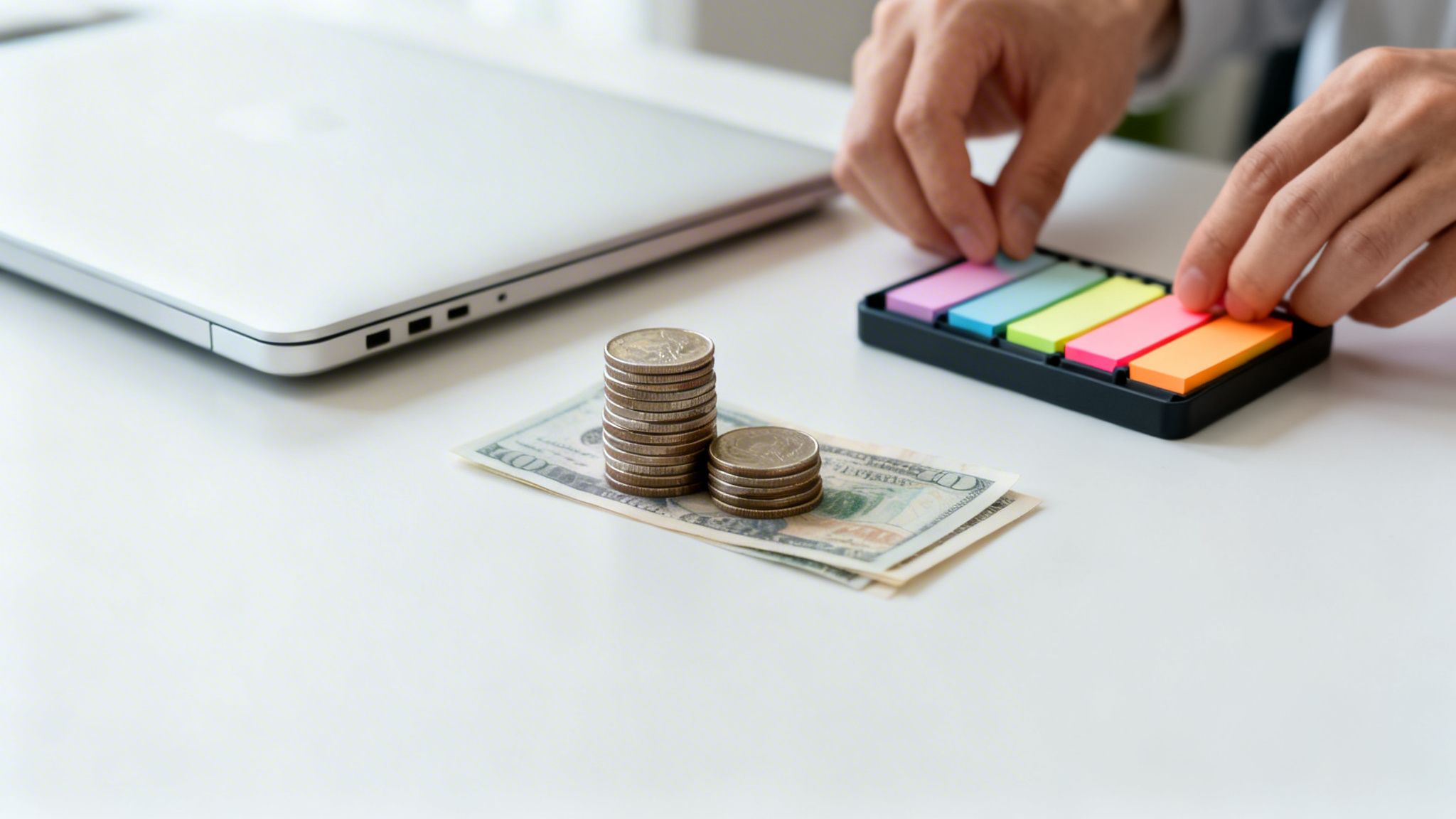 Hände sortieren bunte Notizzettel auf einem Schreibtisch neben Münzstapeln, Geldscheinen und einem Laptop.