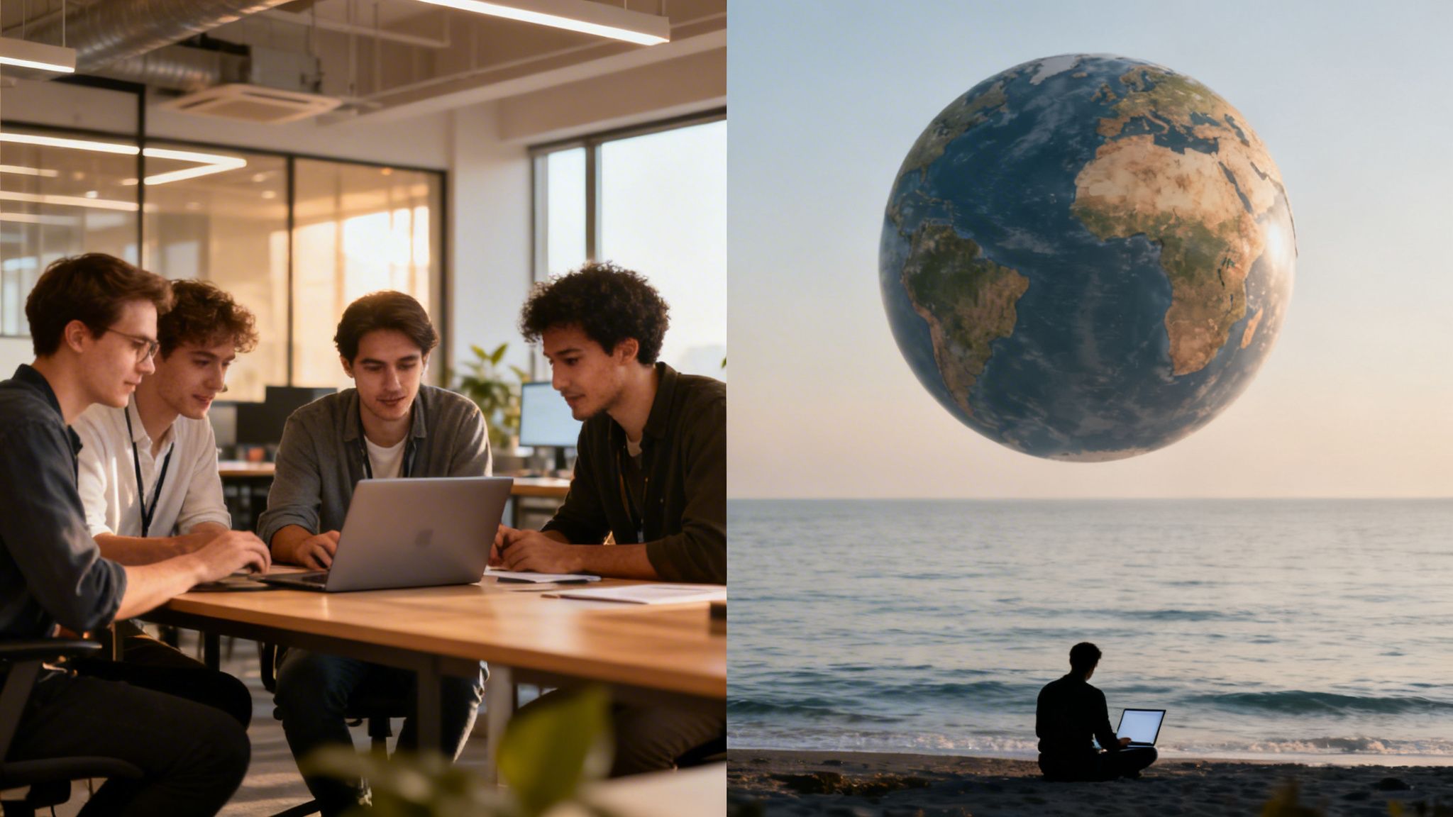 Junge Männer im Büro kollaborieren am Laptop; ein Mann arbeitet am Strand mit Laptop und schwebender Erde.