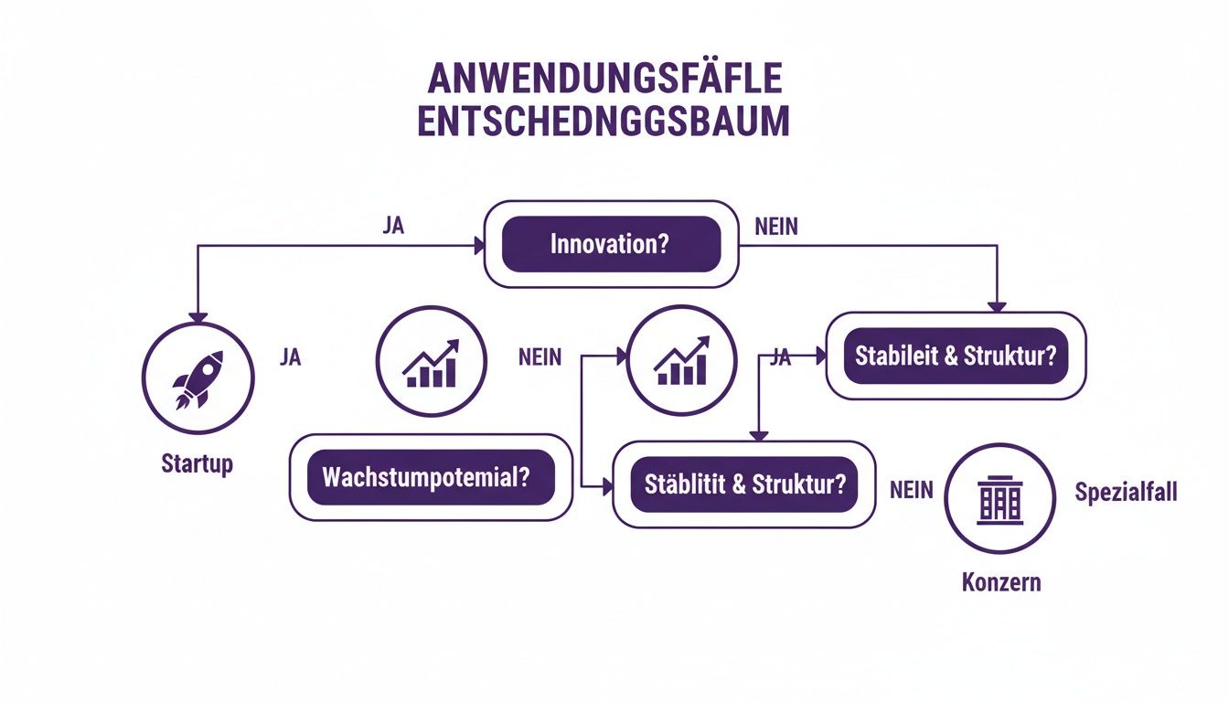 Entscheidungsbaum für Anwendungsfälle, der basierend auf Innovation, Wachstumspotenzial und Struktur zu Startup, Konzern oder Spezialfall führt.