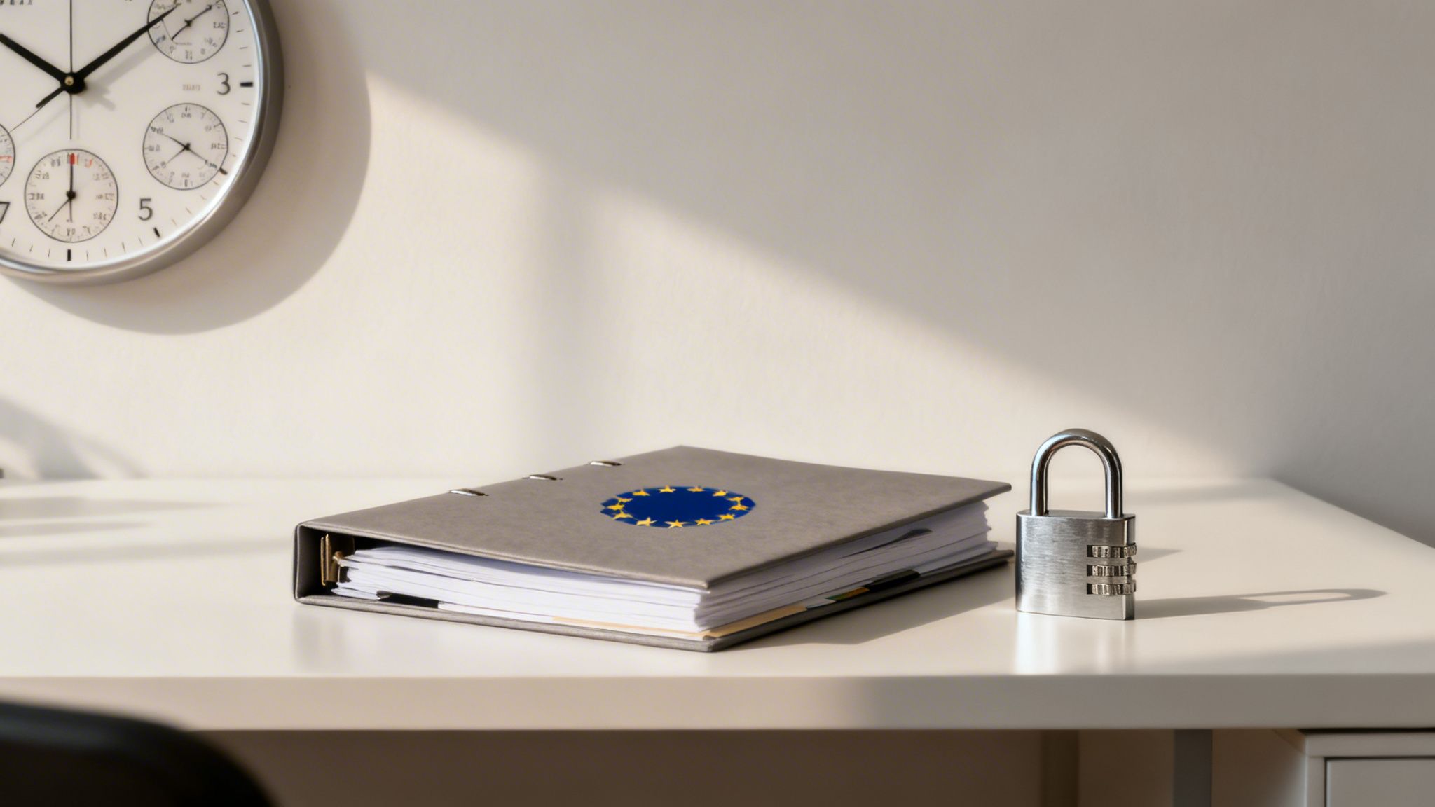 Dokumentenmappe mit EU-Flagge und Zahlenschloss auf Schreibtisch, als Symbol für Datenschutz und Sicherheit.