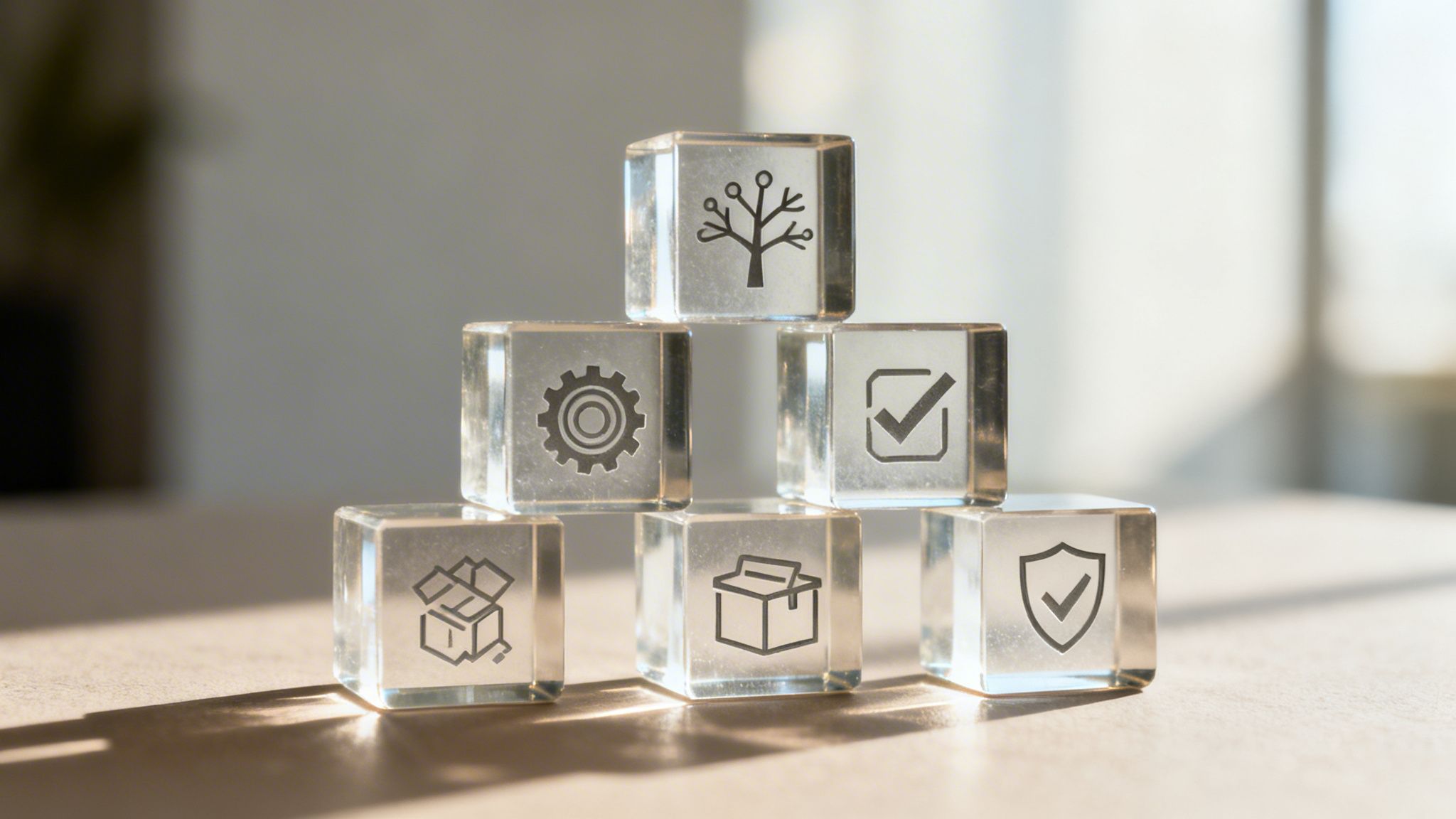 Sechs glasklare Würfel bilden eine Pyramide mit Symbolen für Entwicklung, Qualität und Sicherheit auf einem Tisch.