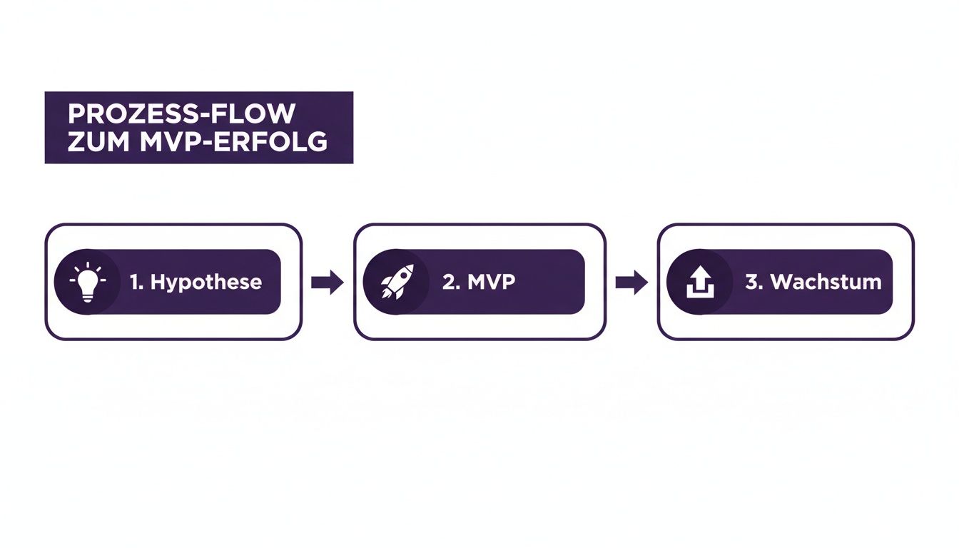 Ein Prozessflussdiagramm zeigt die drei Schritte zum MVP-Erfolg: Hypothese, MVP und Wachstum.