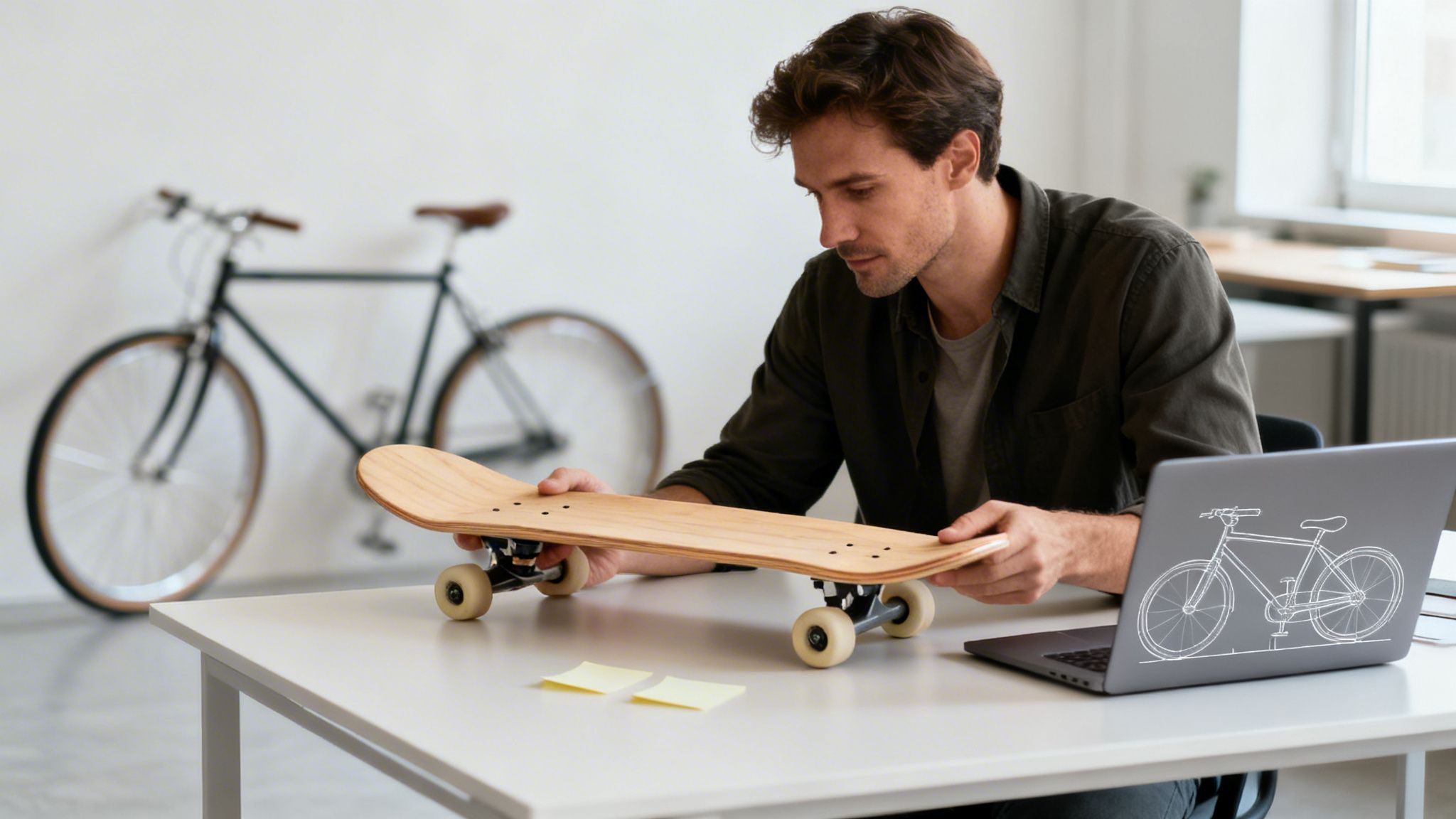 Ein Mann inspiziert ein Skateboard an einem Schreibtisch mit Laptop und Fahrrad im Hintergrund.