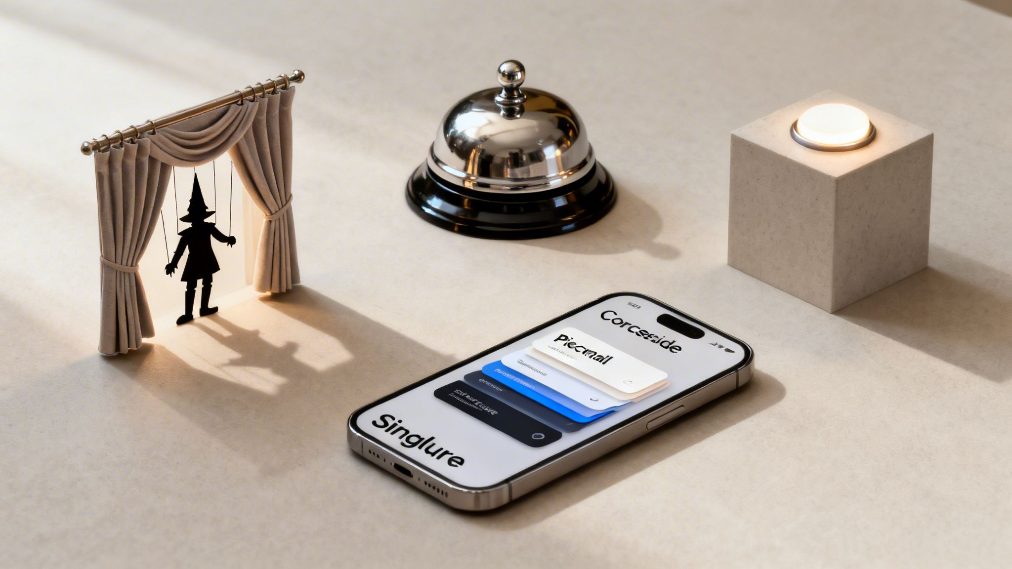 Eine Szene mit einer Marionettenbühne, einer Serviceglocke, einem Smartphone und einem leuchtenden Würfel auf einem Tisch.