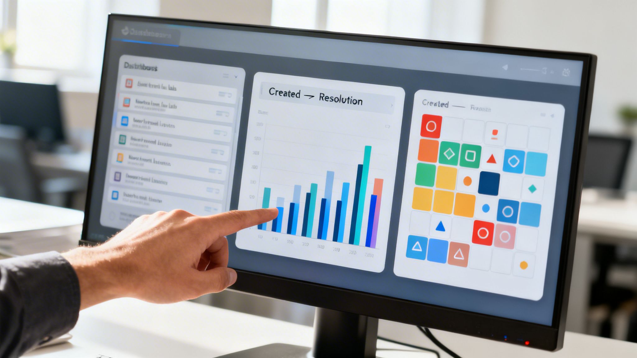 Eine Person tippt auf einen Bildschirm, der Dashboards, Diagramme und farbenfrohe Formen anzeigt.