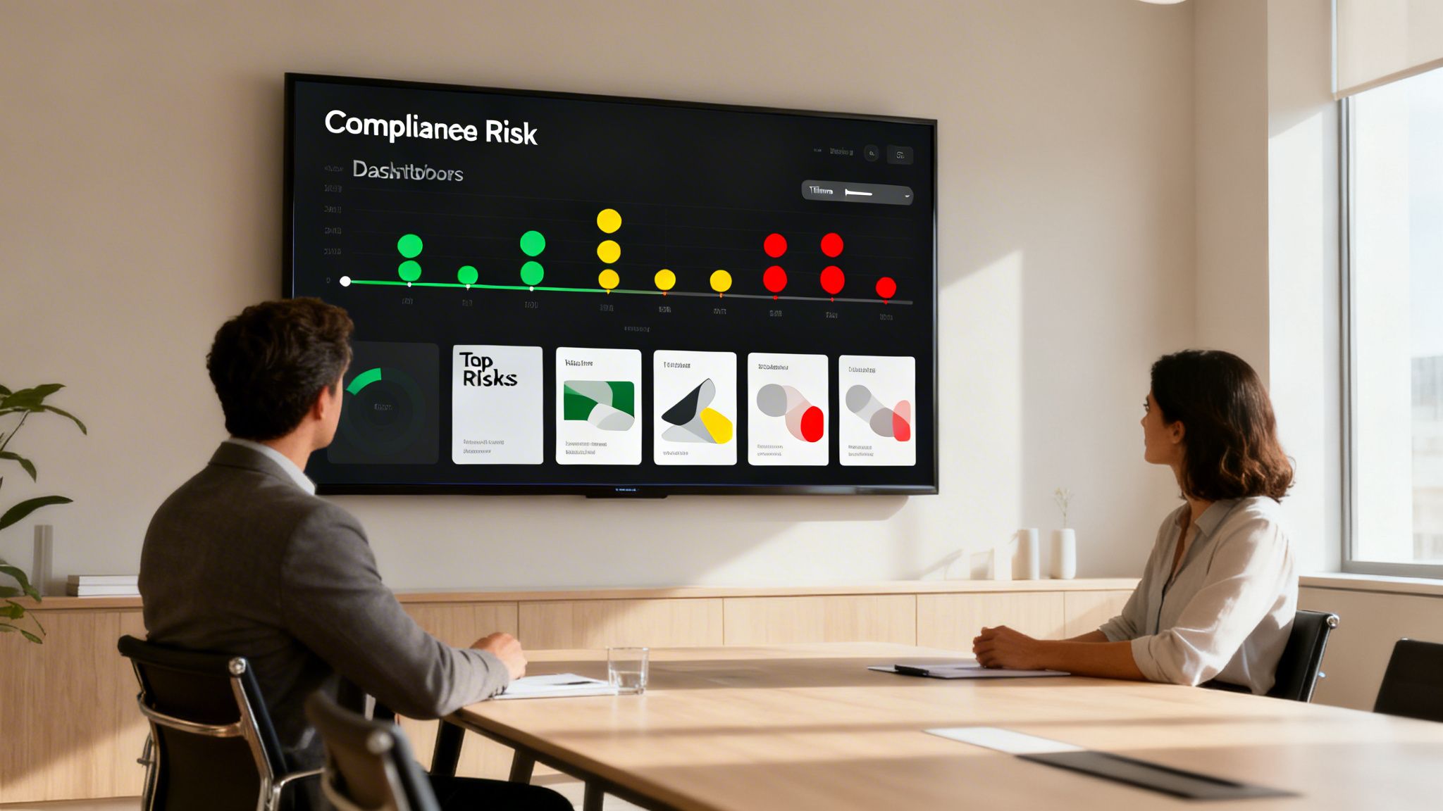 Zwei Personen in einem Besprechungsraum betrachten ein großes Display mit einem Compliance Risk Dashboard.