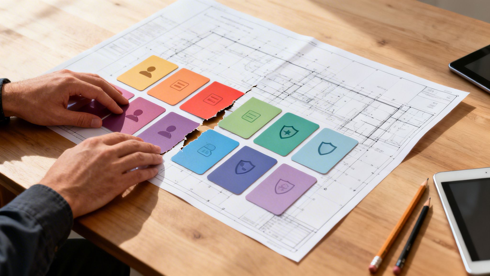 Hände ordnen bunte Karten mit Icons wie Personen und Schildern auf einem Bauplan. Projektmanagement und Systemdesign.