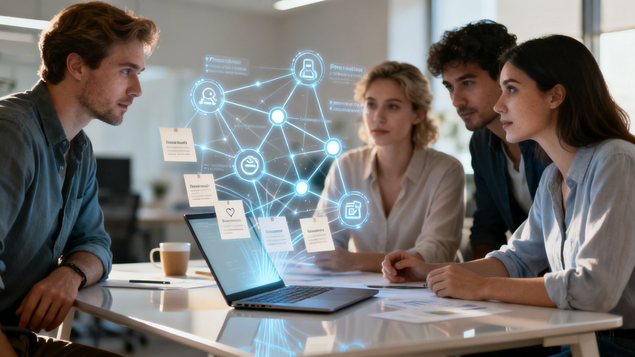 Team von Kollegen arbeitet im Büro, diskutiert Daten auf einem Laptop mit holografischer Anzeige.