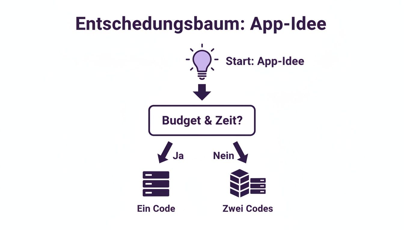 Entscheidungsbaum zur App-Idee, der Budget und Zeit als Kriterien für Ein- oder Zwei-Code-Lösungen berücksichtigt.