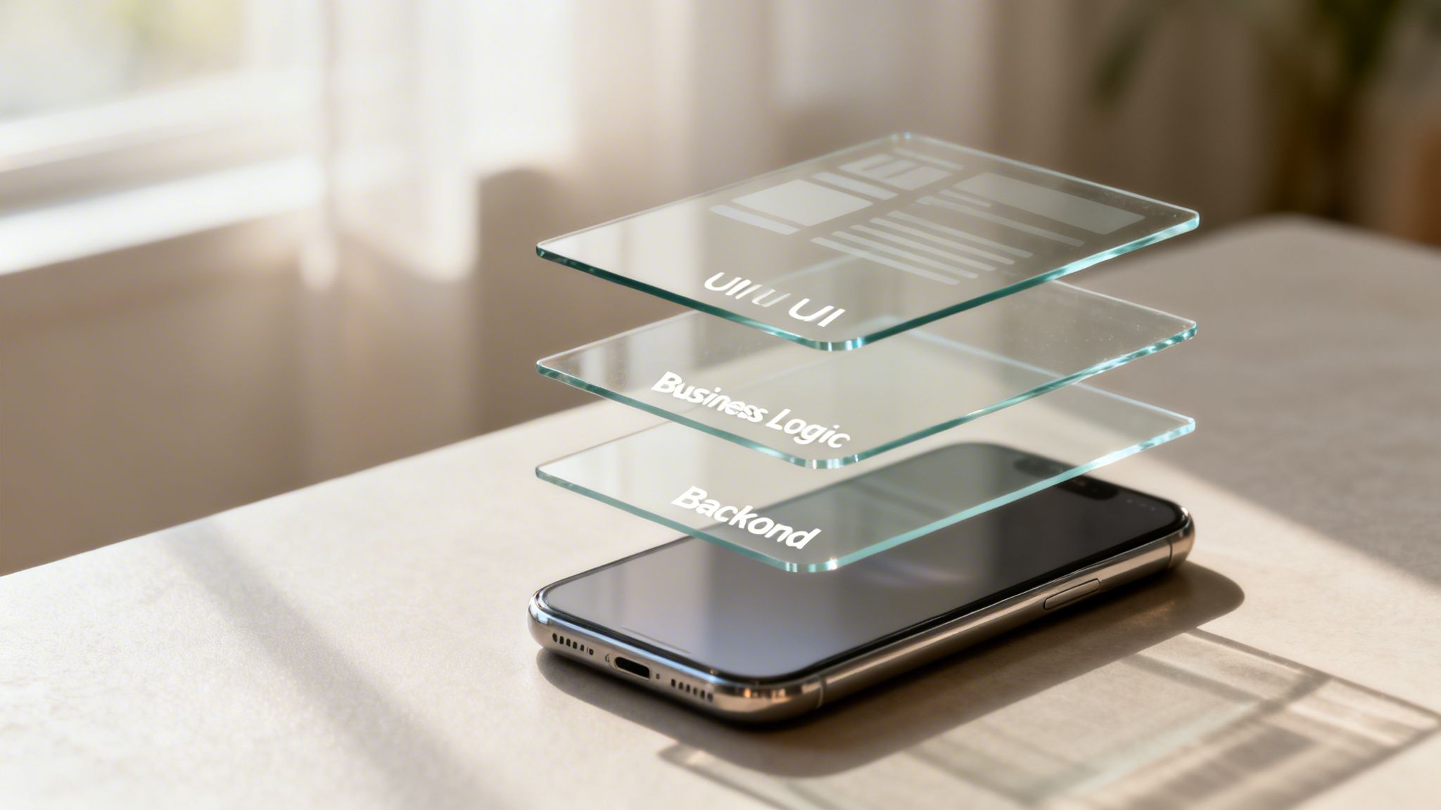 Smartphone mit schwebenden Glasschichten, die UI/UX, Business Logic und Backend einer App-Architektur darstellen.