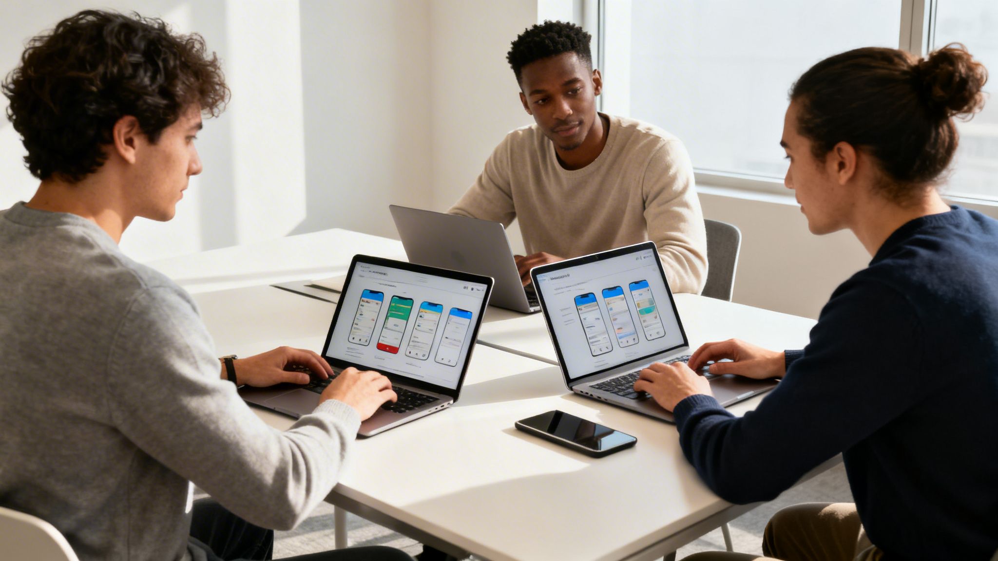 Drei junge Männer arbeiten an Laptops mit mobilen App-Designs auf einem Konferenztisch.