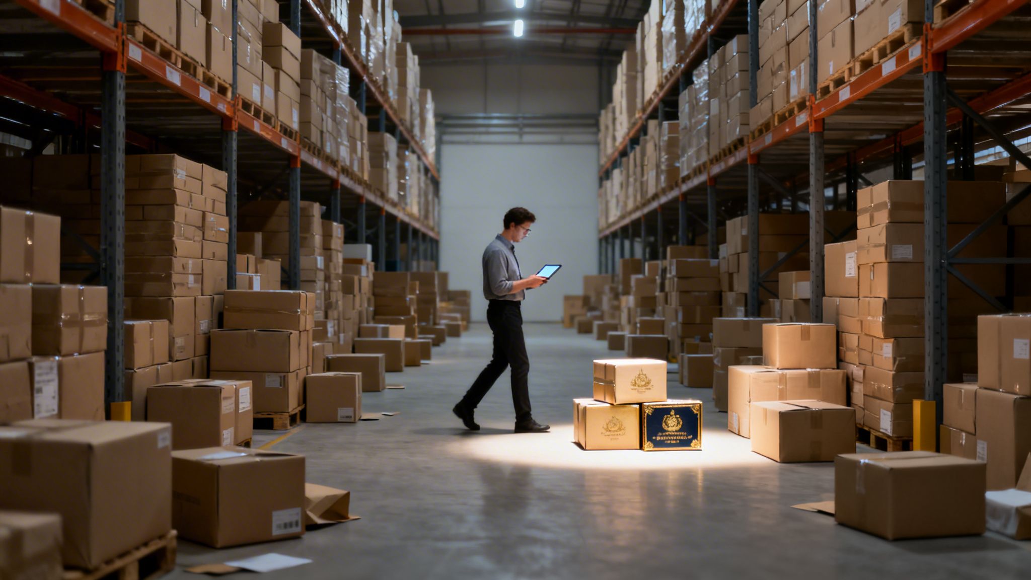 Mann in einem großen Lagerhaus mit Regalen voller Kartons, der mit einem Tablet Sendungen prüft.
