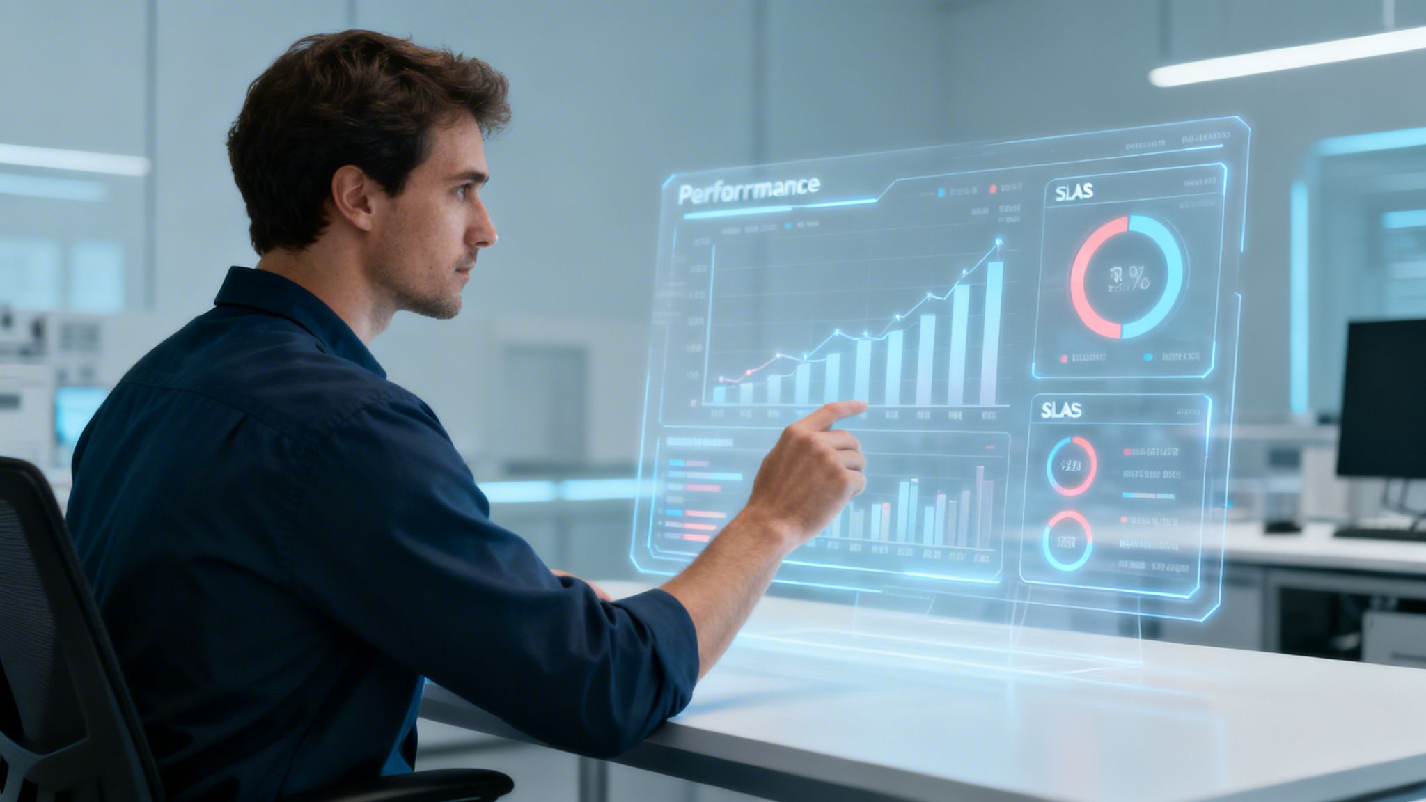 Mann interagiert mit holografischem Display, das Leistungsdaten und Diagramme in einem modernen Büro anzeigt.