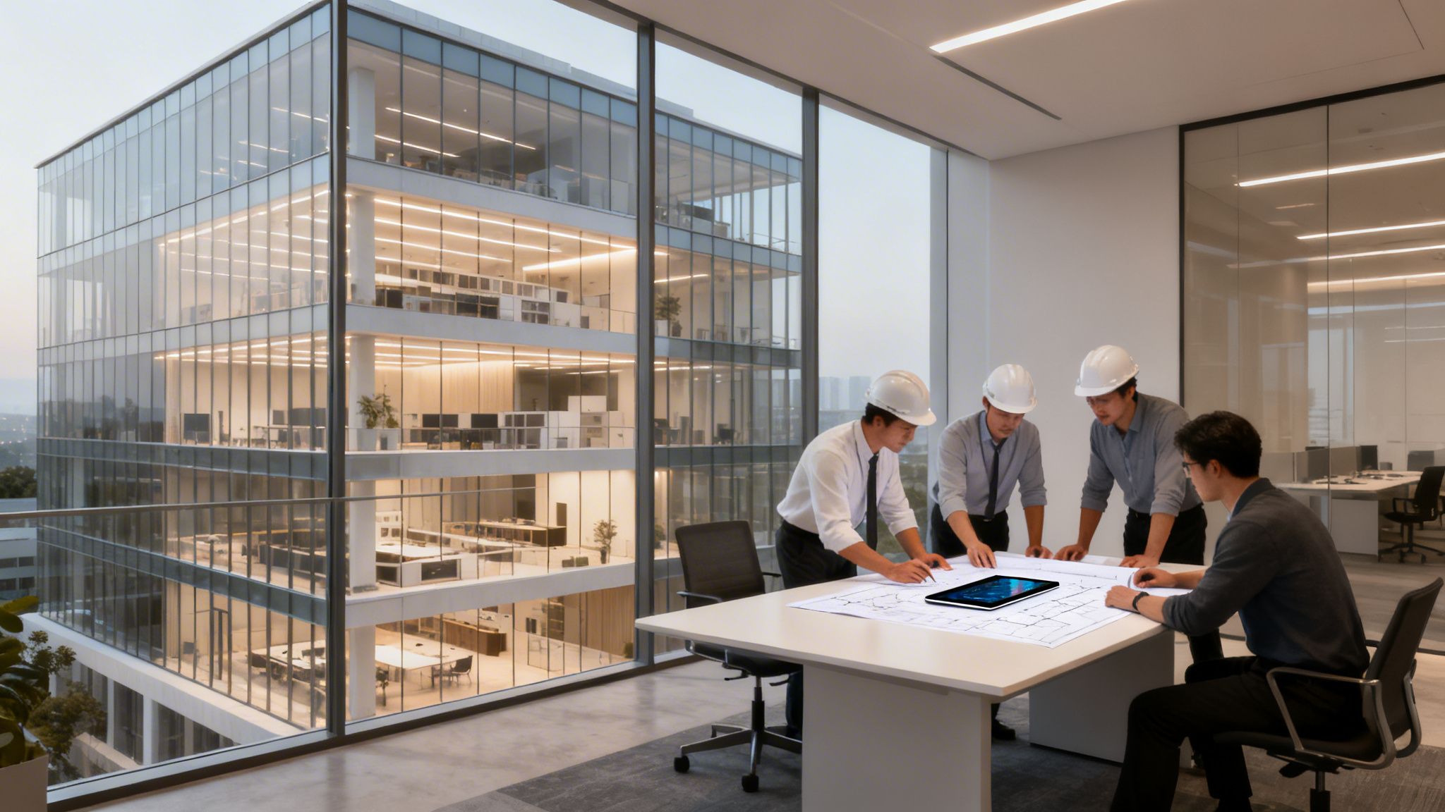 Vier Architekten in Schutzhelmen diskutieren Baupläne und digitale Modelle in einem modernen Bürogebäude.