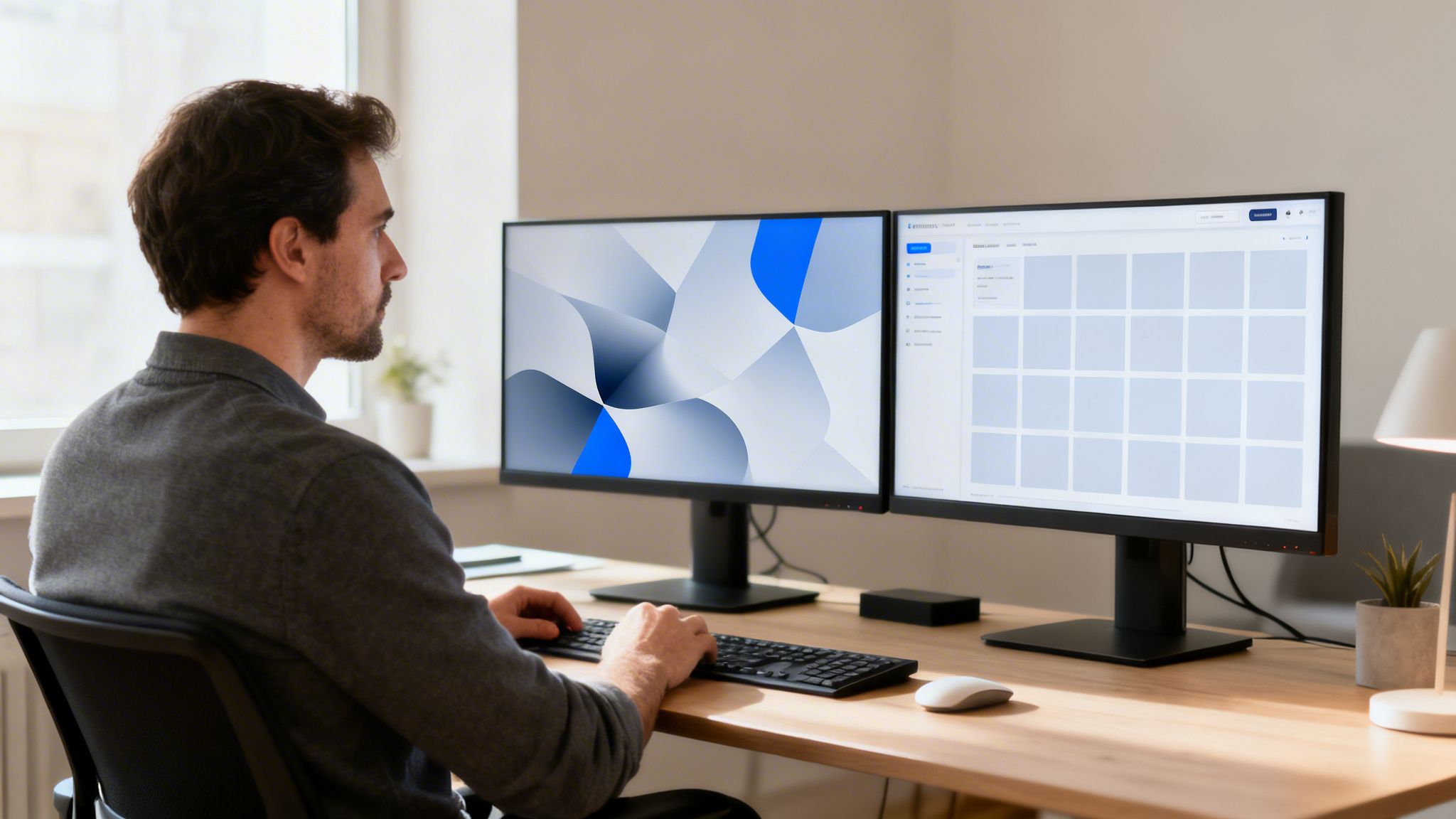 Ein Mann sitzt an einem Schreibtisch mit zwei Monitoren, tippt auf der Tastatur und arbeitet konzentriert.