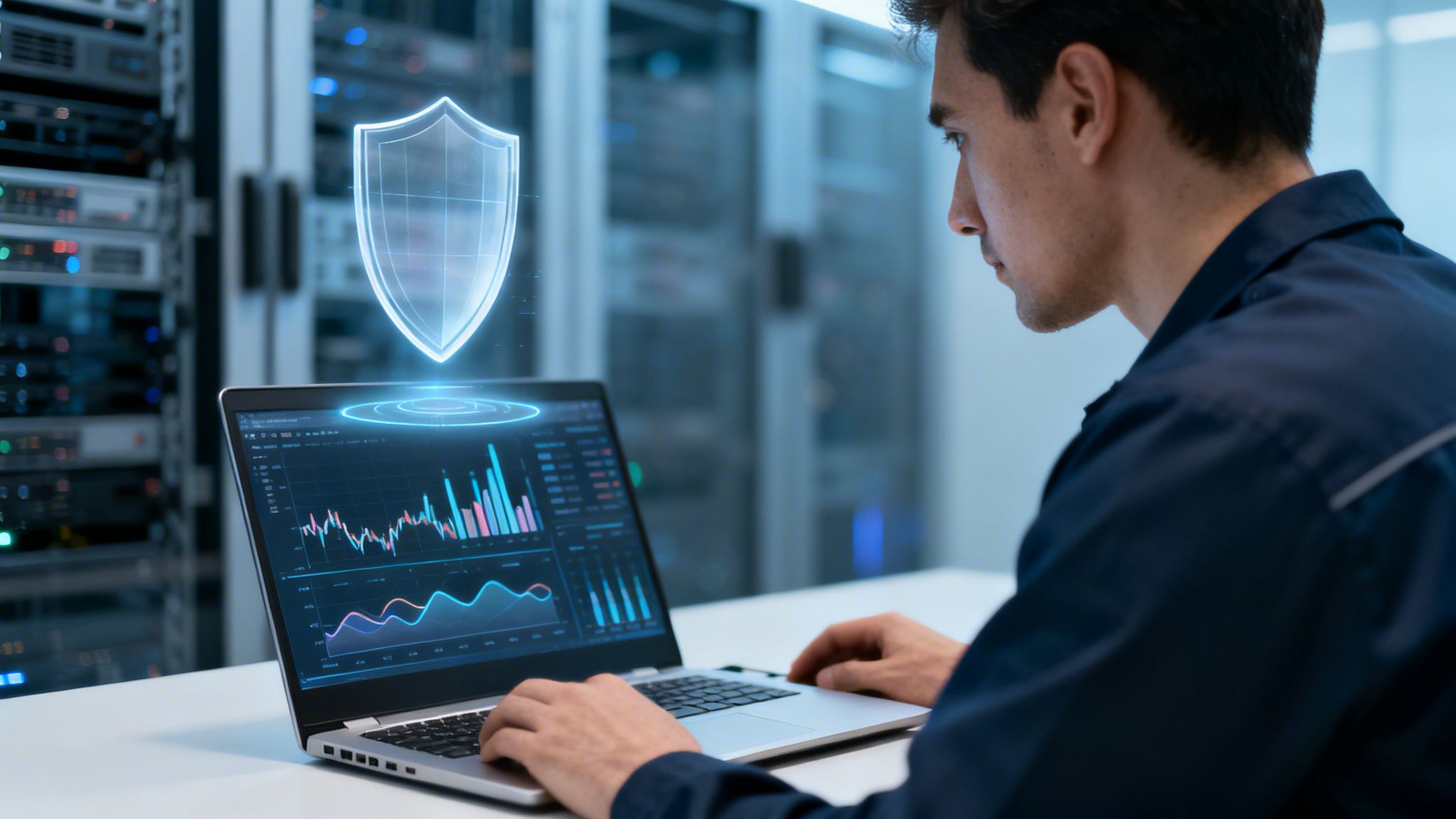 Mann arbeitet in einem Serverraum an einem Laptop, wobei ein Schutzschild-Symbol für Cybersicherheit über dem Bildschirm schwebt.